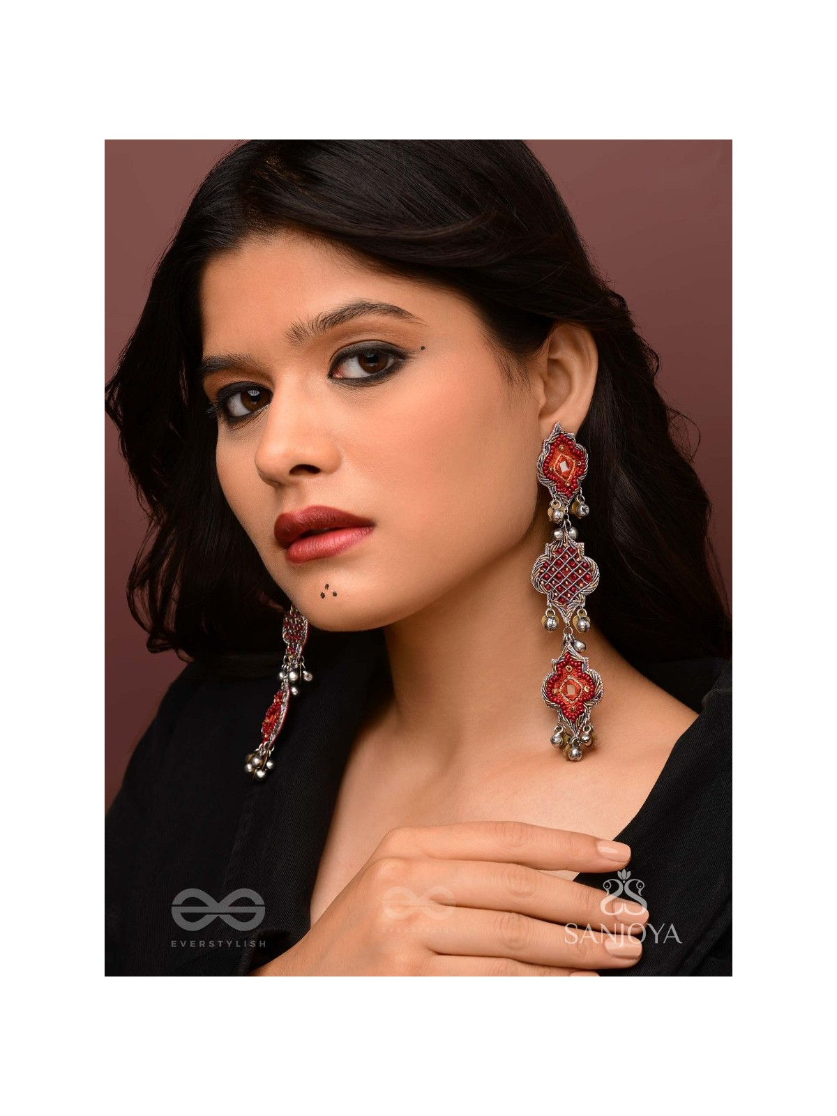 Yashas - The Maple Grandeur - Beads, Coins And Dabka Hand Embroidered Oxidised Earrings