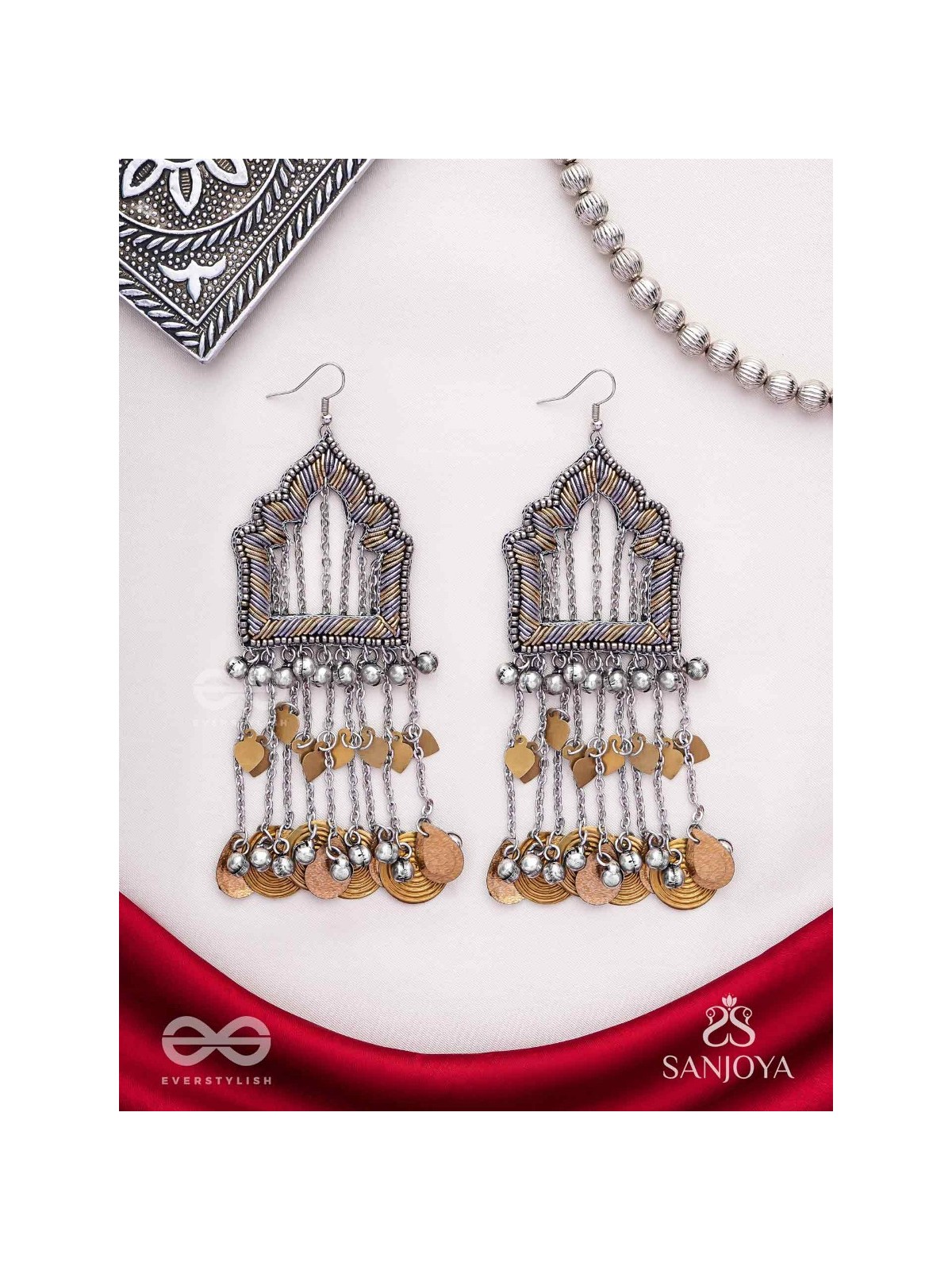 Shamvat - The Homey Tranquillity - Beads, Dabka And Coins Hand Embroidered Oxidised Earrings