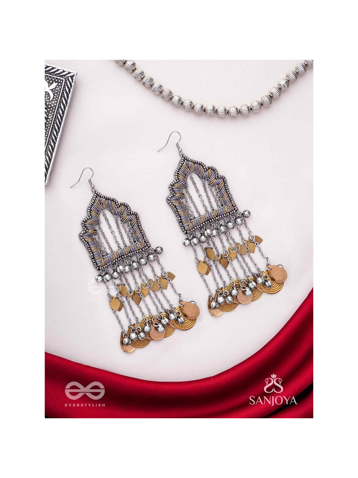 Shamvat - The Homey Tranquillity - Beads, Dabka And Coins Hand Embroidered Oxidised Earrings
