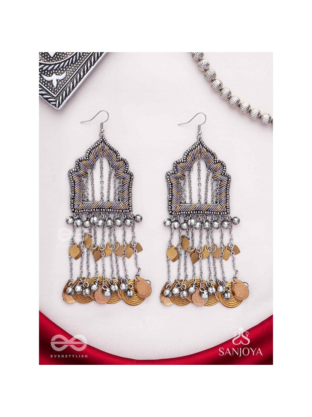 Shamvat - The Homey Tranquillity - Beads, Dabka And Coins Hand Embroidered Oxidised Earrings