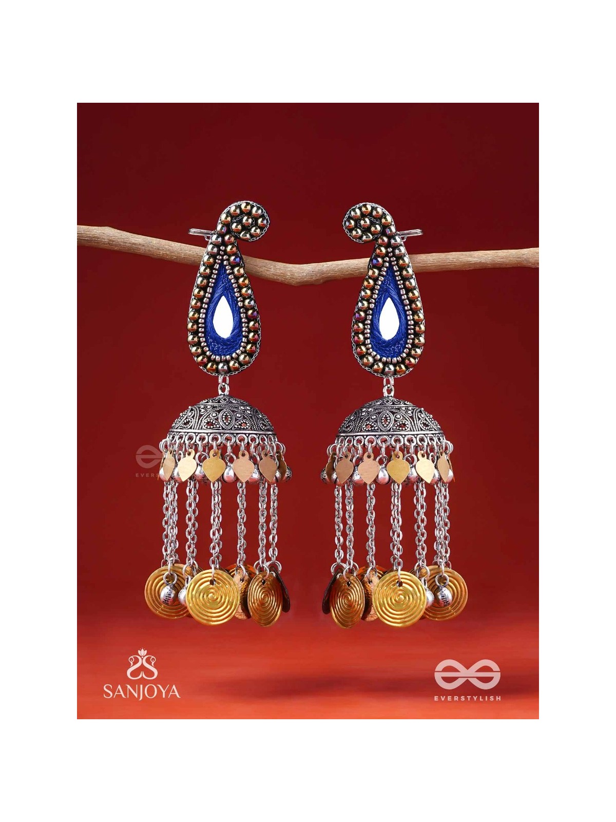 Svarsampad - The Feathery Melody - Beads, Mirror, Resham And Coins Hand Embroidered Oxidised Jhumka Earrings