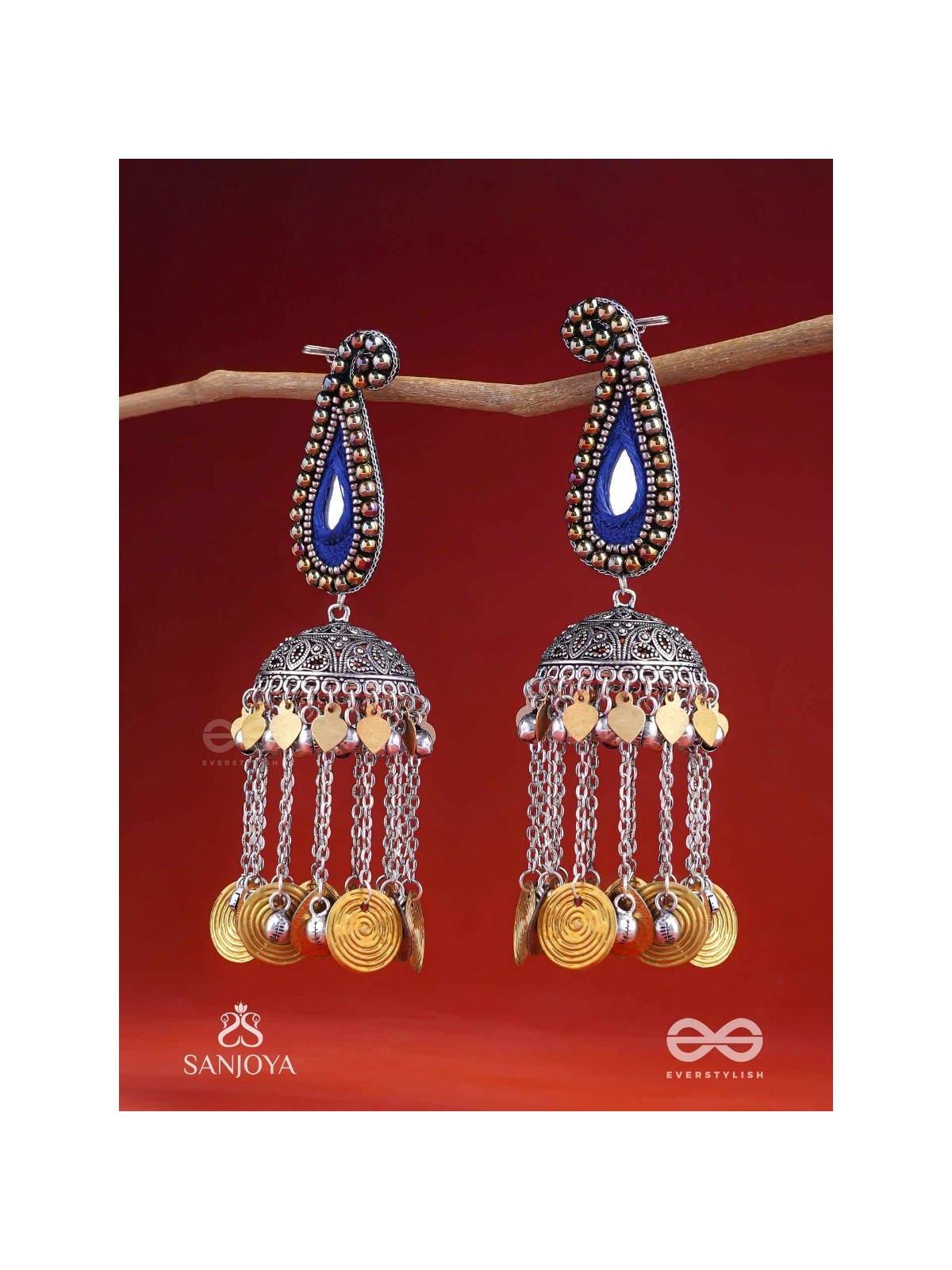 Svarsampad - The Feathery Melody - Beads, Mirror, Resham And Coins Hand Embroidered Oxidised Jhumka Earrings