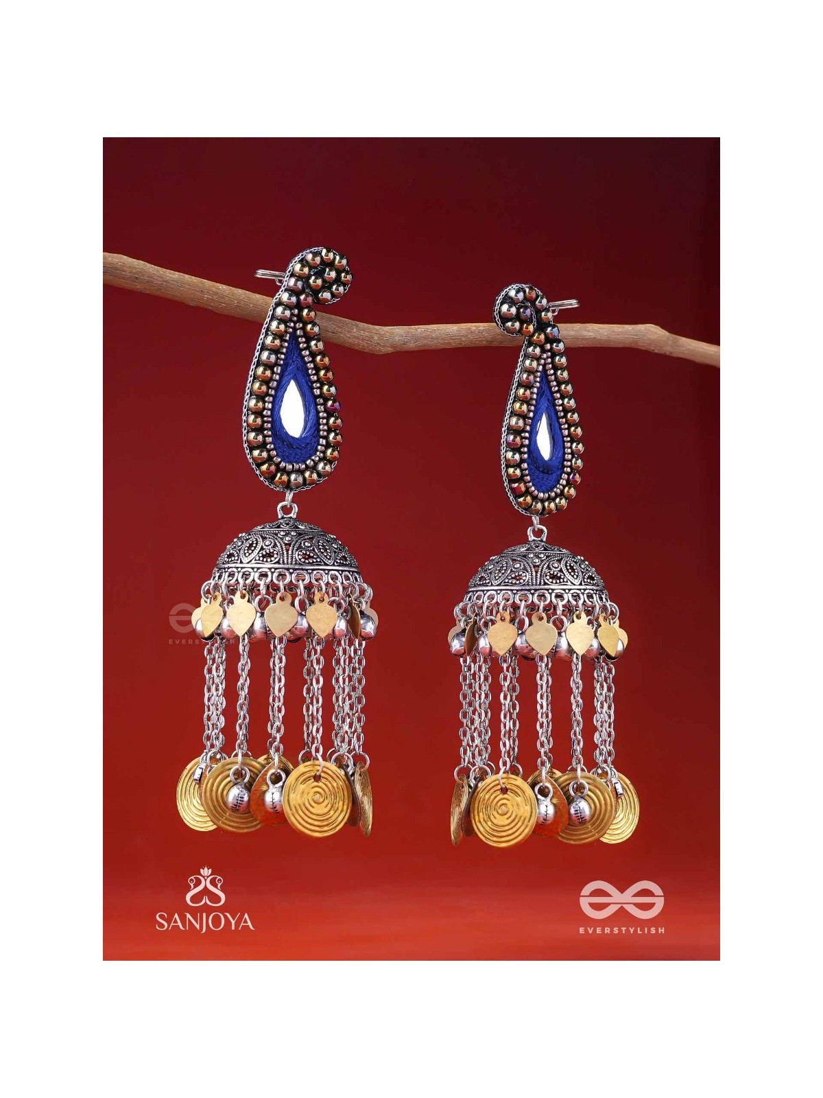 Svarsampad - The Feathery Melody - Beads, Mirror, Resham And Coins Hand Embroidered Oxidised Jhumka Earrings