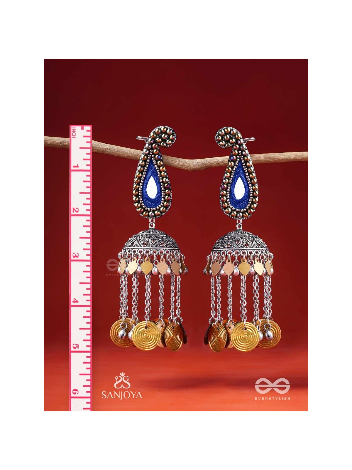Svarsampad - The Feathery Melody - Beads, Mirror, Resham And Coins Hand Embroidered Oxidised Jhumka Earrings