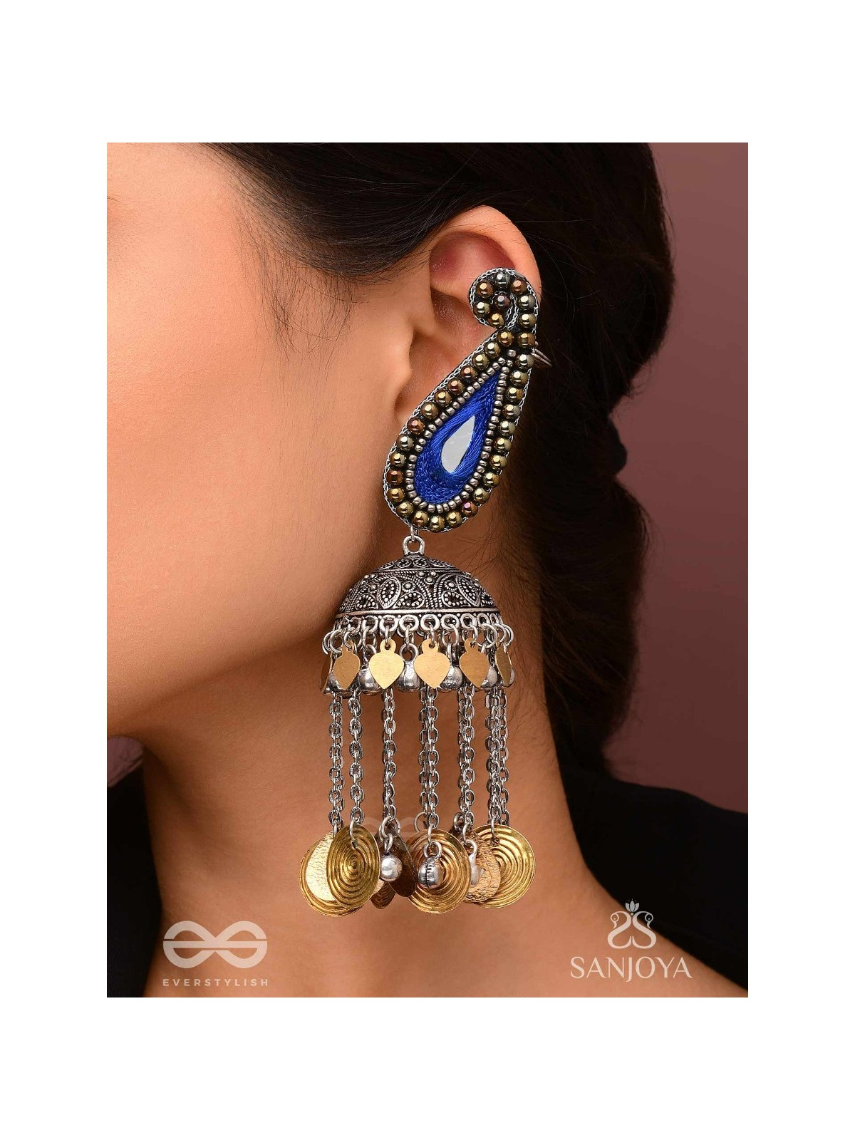 Svarsampad - The Feathery Melody - Beads, Mirror, Resham And Coins Hand Embroidered Oxidised Jhumka Earrings