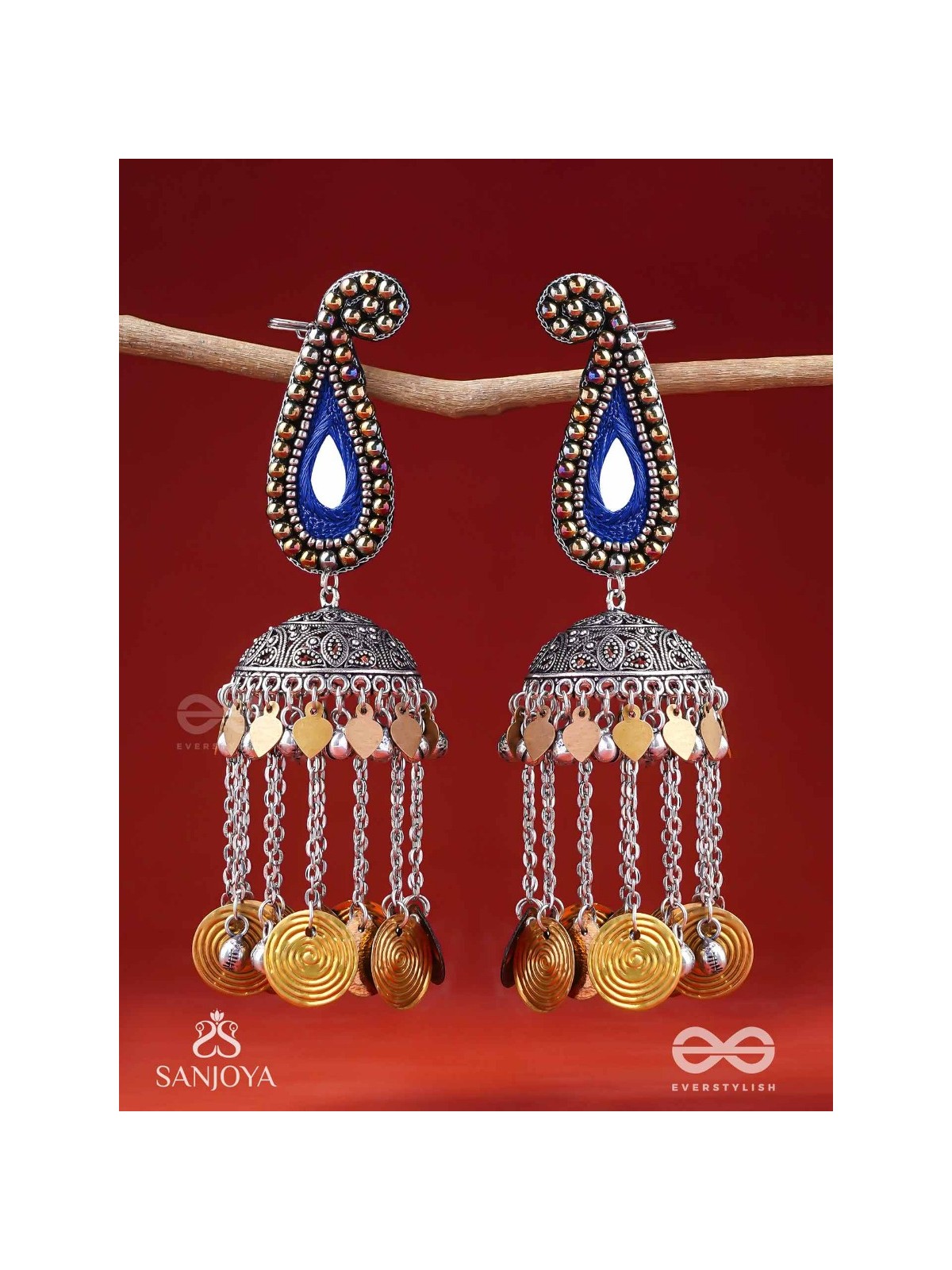Svarsampad - The Feathery Melody - Beads, Mirror, Resham And Coins Hand Embroidered Oxidised Jhumka Earrings