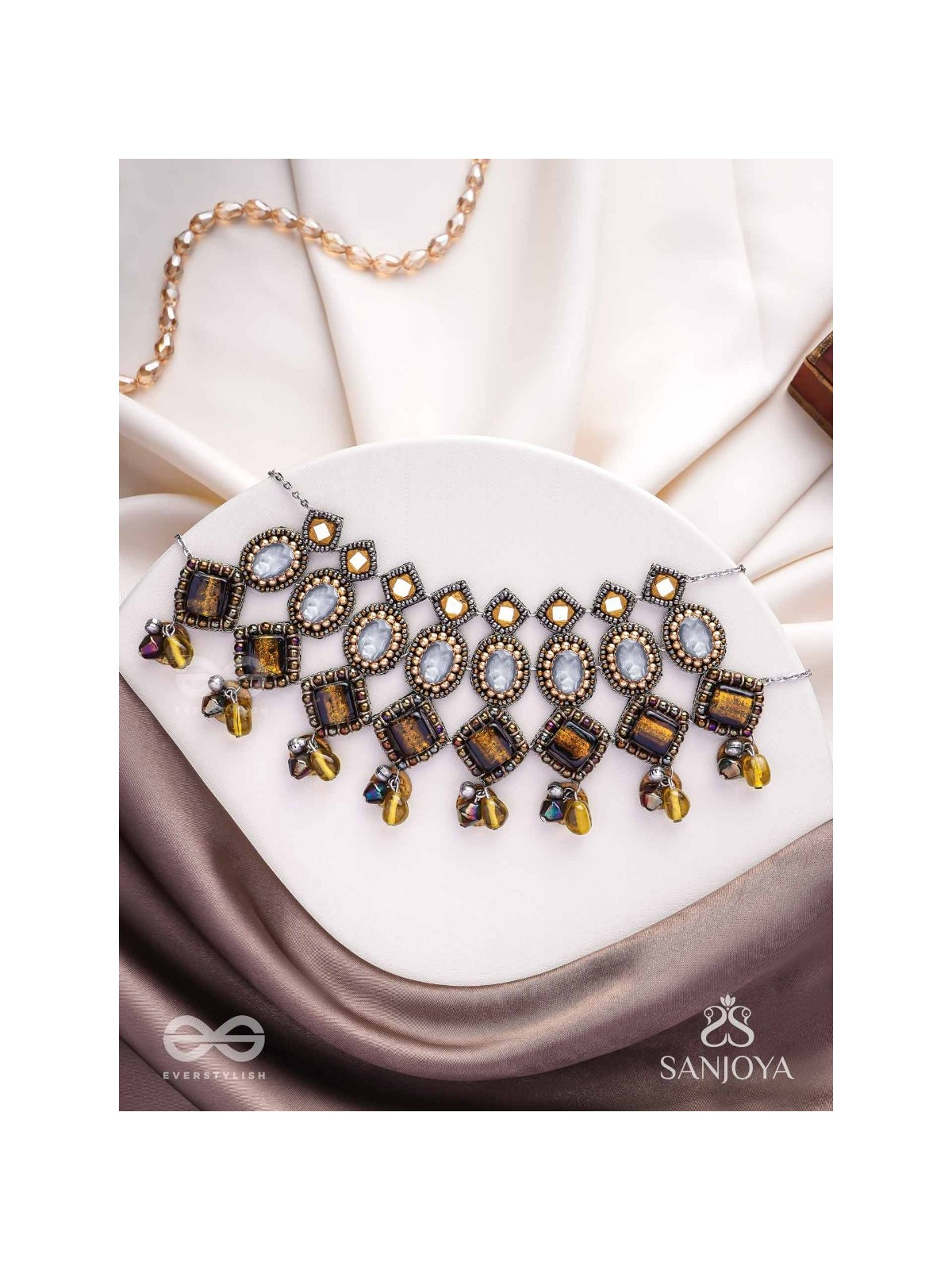 Haridhumra- The Amber Chestnut - Stones, Beads, Coins And Glass Drops Hand Embroidered Oxidised Neckpiece