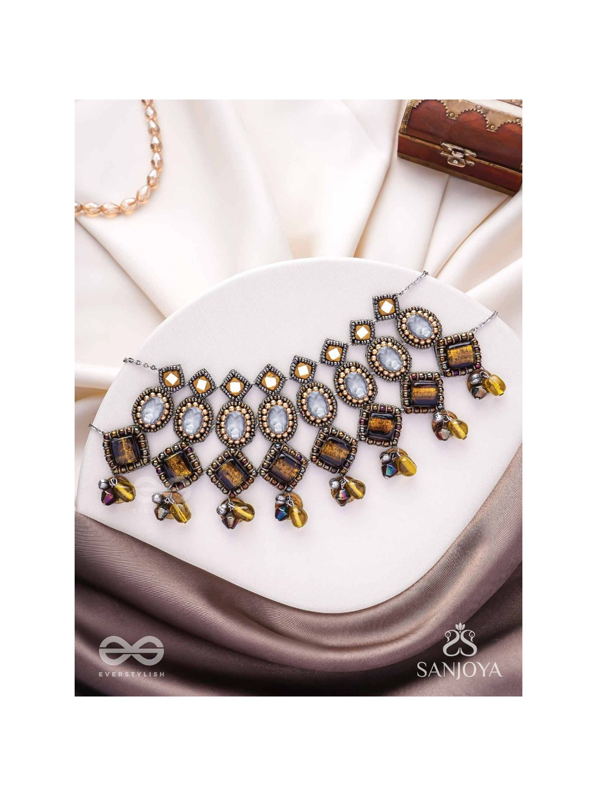 Haridhumra- The Amber Chestnut - Stones, Beads, Coins And Glass Drops Hand Embroidered Oxidised Neckpiece