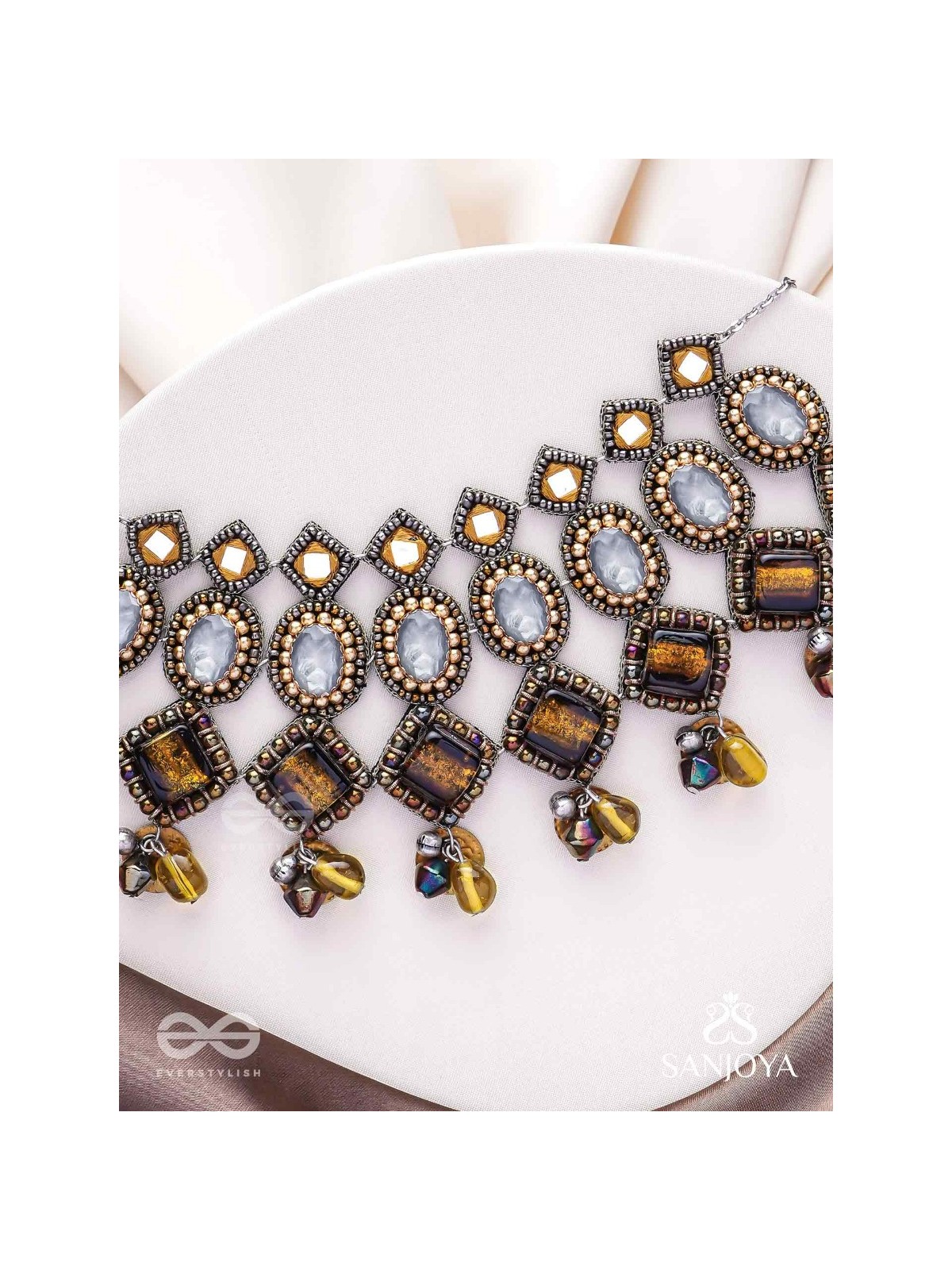 Haridhumra- The Amber Chestnut - Stones, Beads, Coins And Glass Drops Hand Embroidered Oxidised Neckpiece