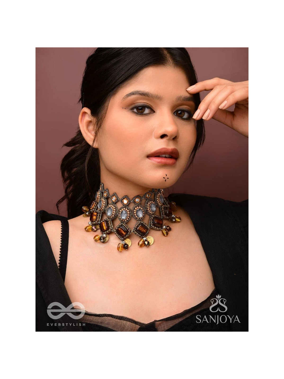 Haridhumra- The Amber Chestnut - Stones, Beads, Coins And Glass Drops Hand Embroidered Oxidised Neckpiece
