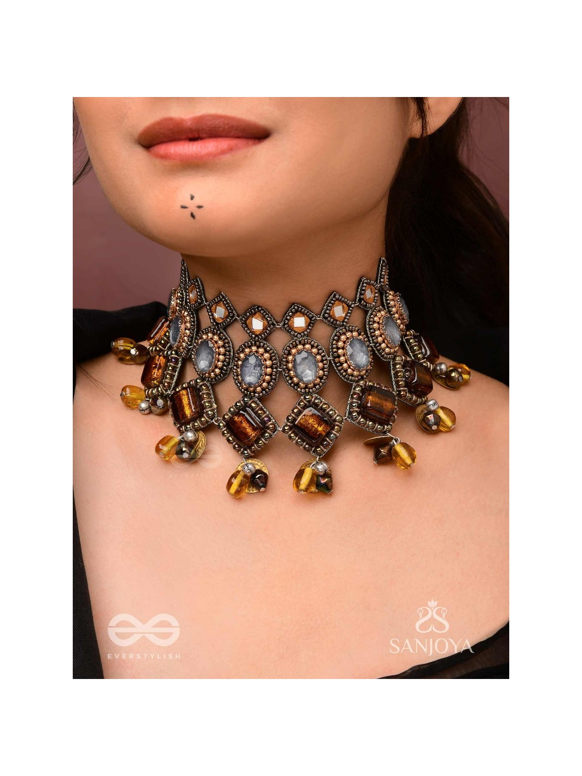 Haridhumra- The Amber Chestnut - Stones, Beads, Coins And Glass Drops Hand Embroidered Oxidised Neckpiece