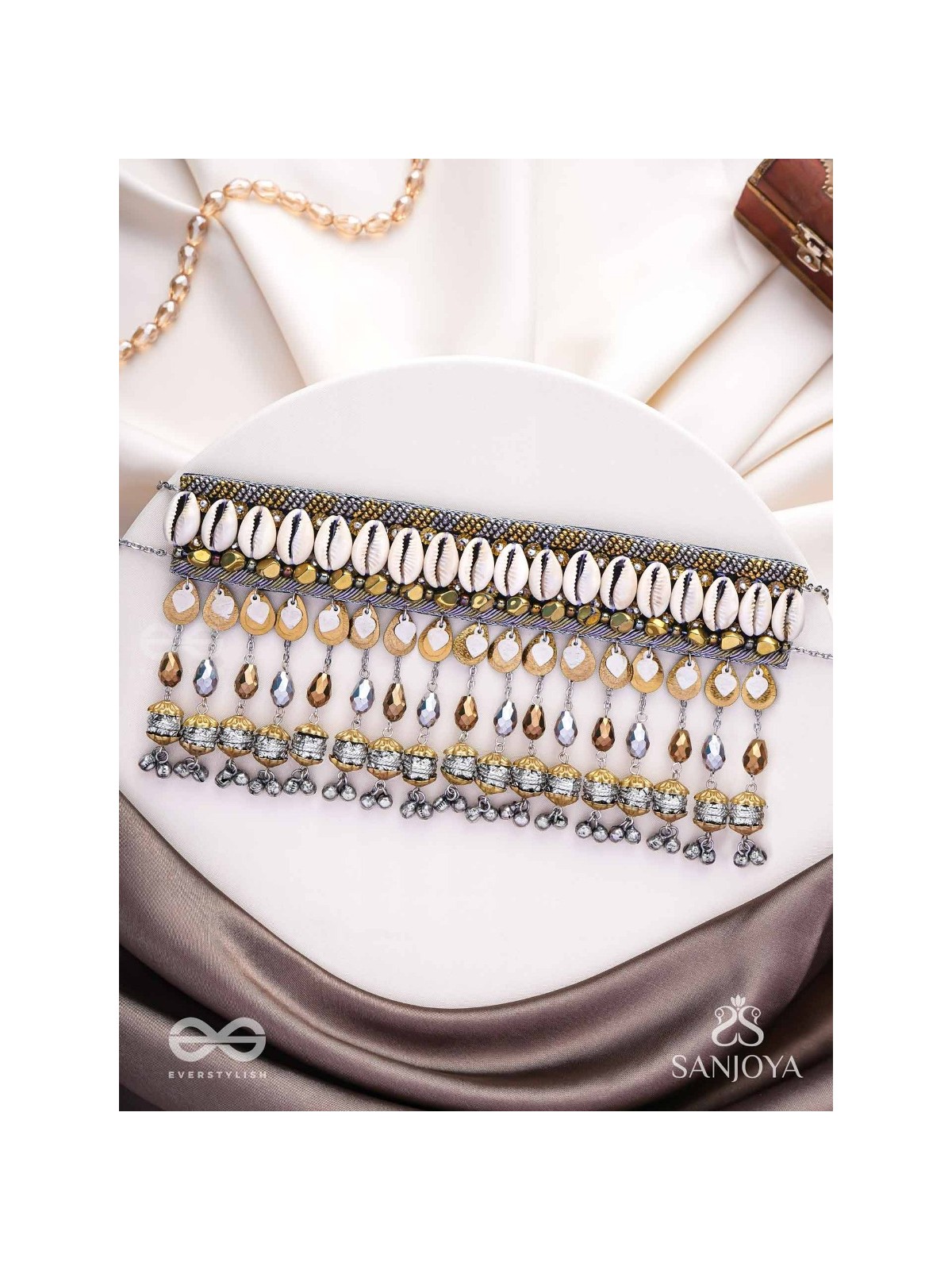 Gaaniya - The Musical Coast - Shells, Coins, Beads And Glass Drops Hand Embroidered Oxidised Choker Neckpiece