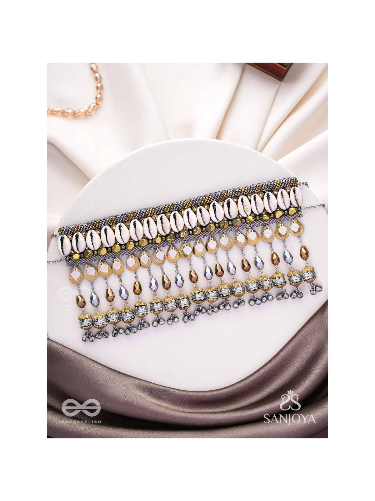 Gaaniya - The Musical Coast - Shells, Coins, Beads And Glass Drops Hand Embroidered Oxidised Choker Neckpiece