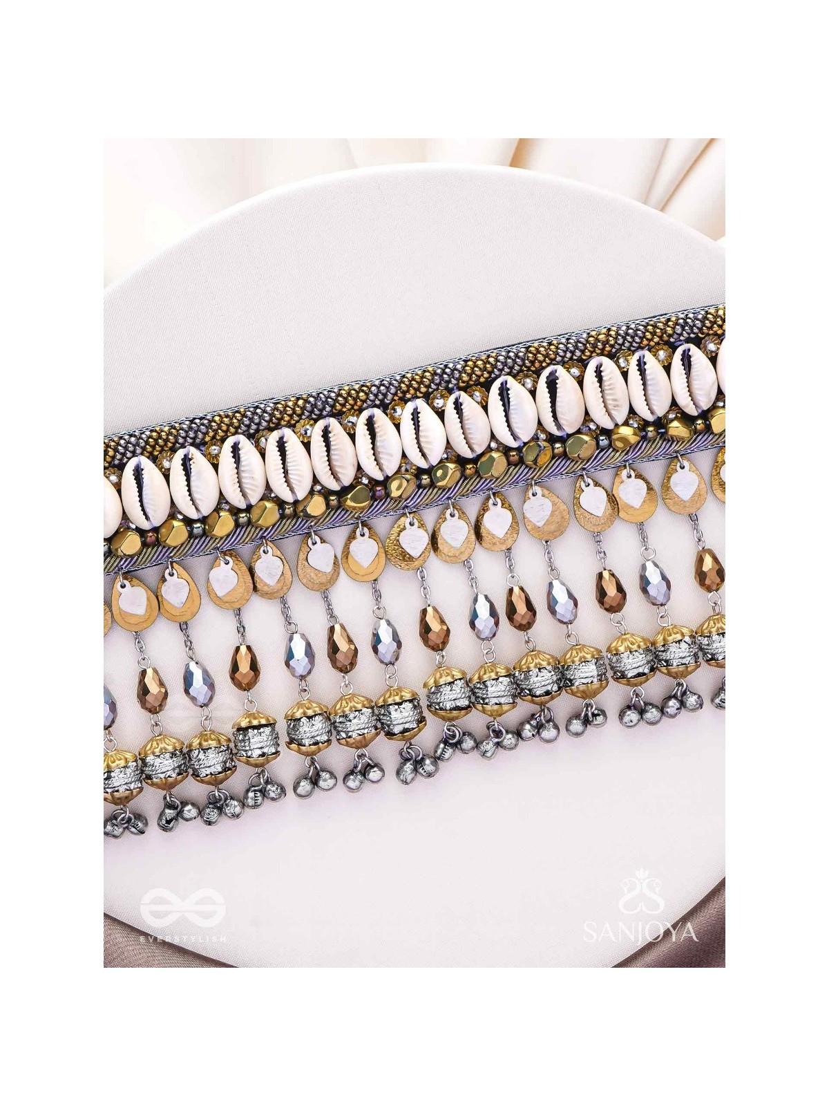 Gaaniya - The Musical Coast - Shells, Coins, Beads And Glass Drops Hand Embroidered Oxidised Choker Neckpiece