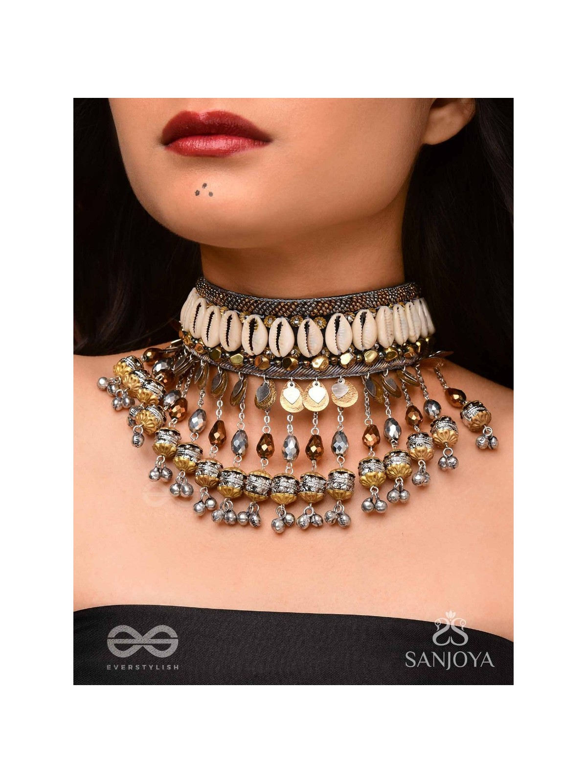 Gaaniya - The Musical Coast - Shells, Coins, Beads And Glass Drops Hand Embroidered Oxidised Choker Neckpiece