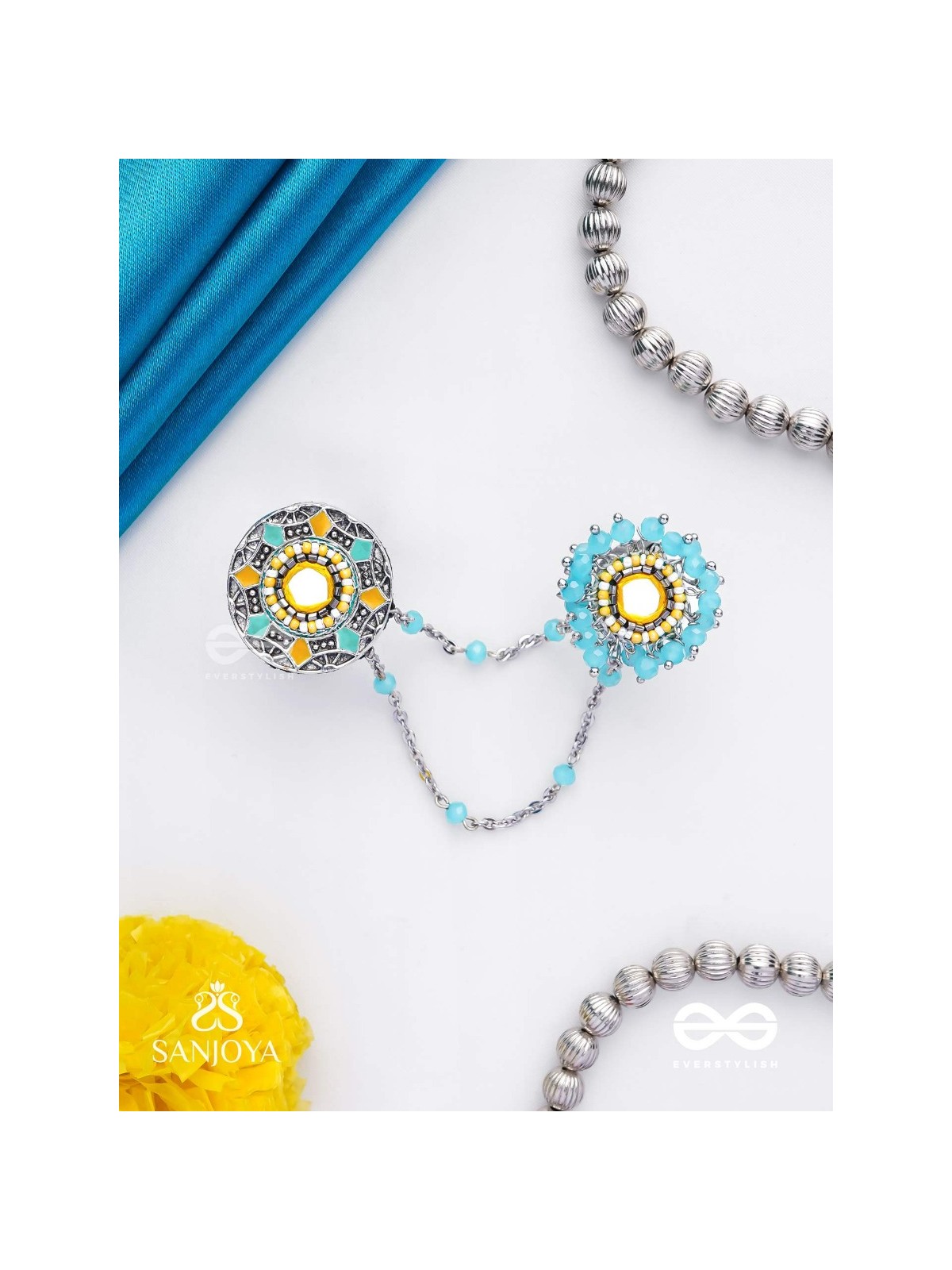 Ambarant - The Horizon Bands - Mirror And Beads Hand Embroidered Enamelled Oxidised Chain Linked Double Rings (Adjustable)