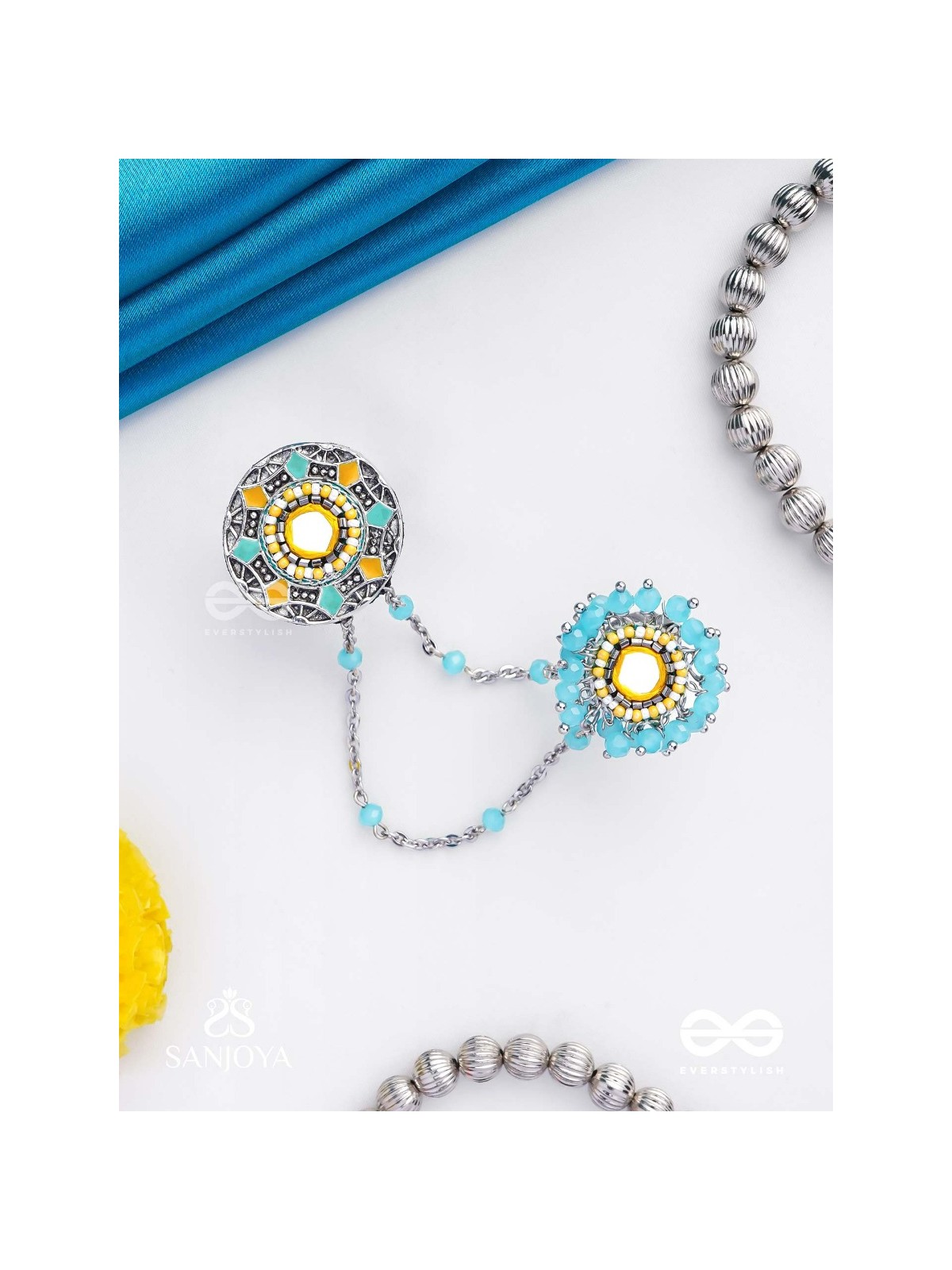 Ambarant - The Horizon Bands - Mirror And Beads Hand Embroidered Enamelled Oxidised Chain Linked Double Rings (Adjustable)