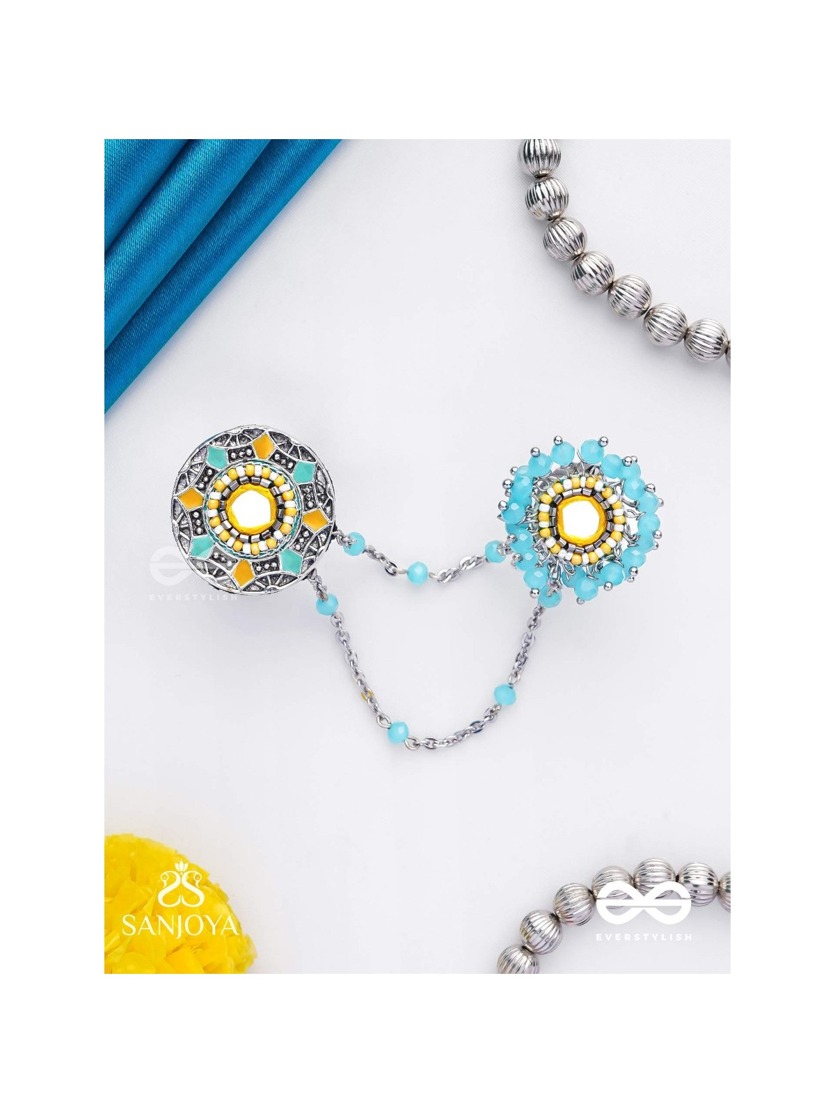 Ambarant - The Horizon Bands - Mirror And Beads Hand Embroidered Enamelled Oxidised Chain Linked Double Rings (Adjustable)