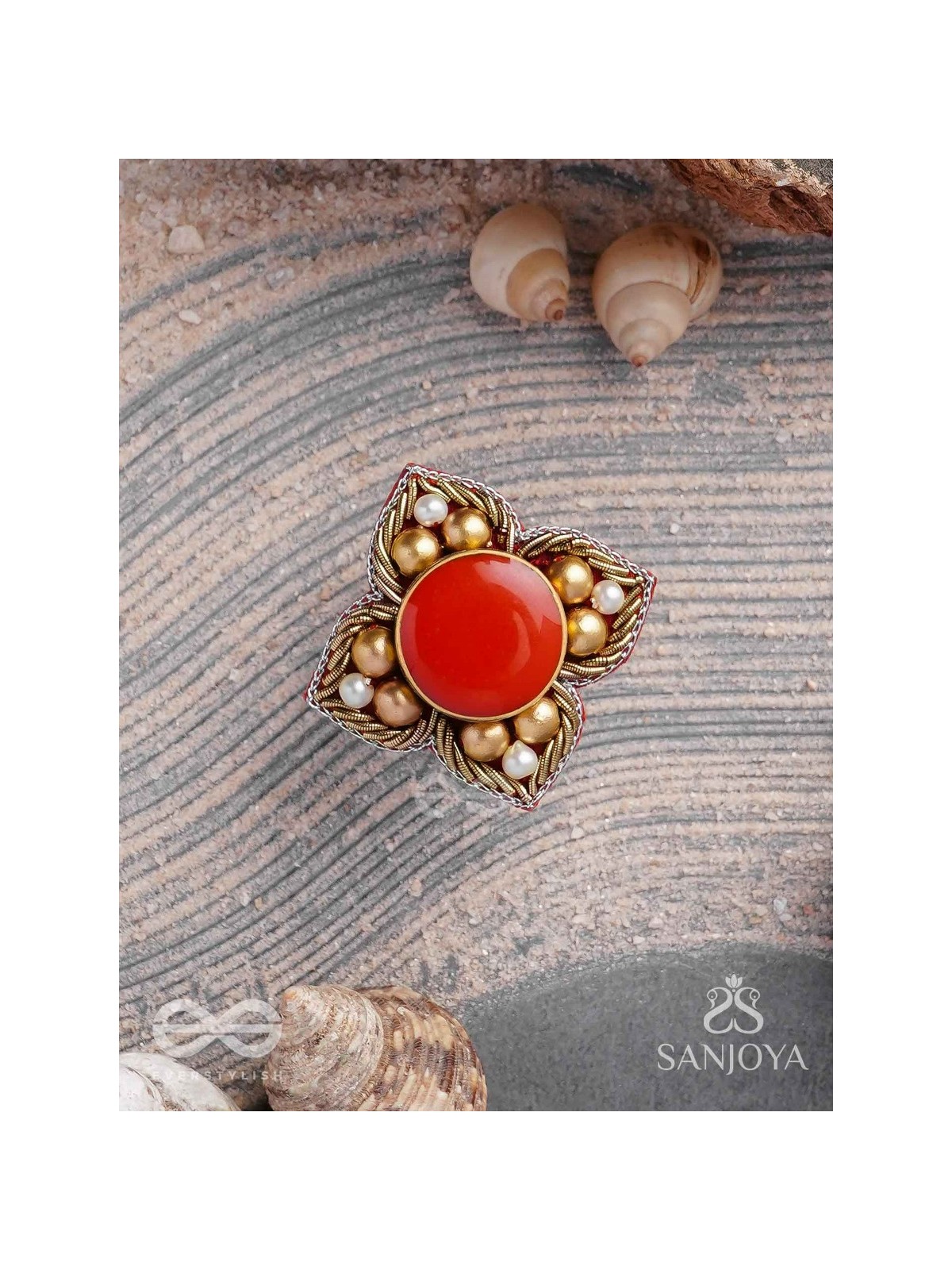 Shikhandik - The Ethereal Stone  - Stone, Beads And Dabka Hand Embroidered Ring (Adjustable)