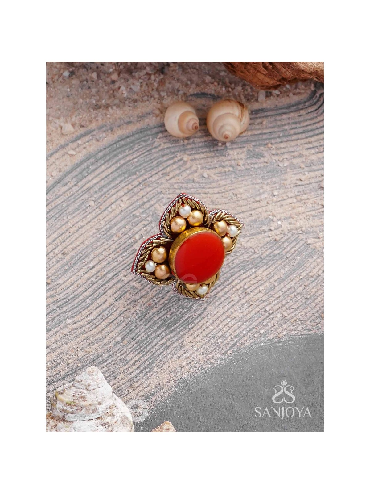 Shikhandik - The Ethereal Stone  - Stone, Beads And Dabka Hand Embroidered Ring (Adjustable)