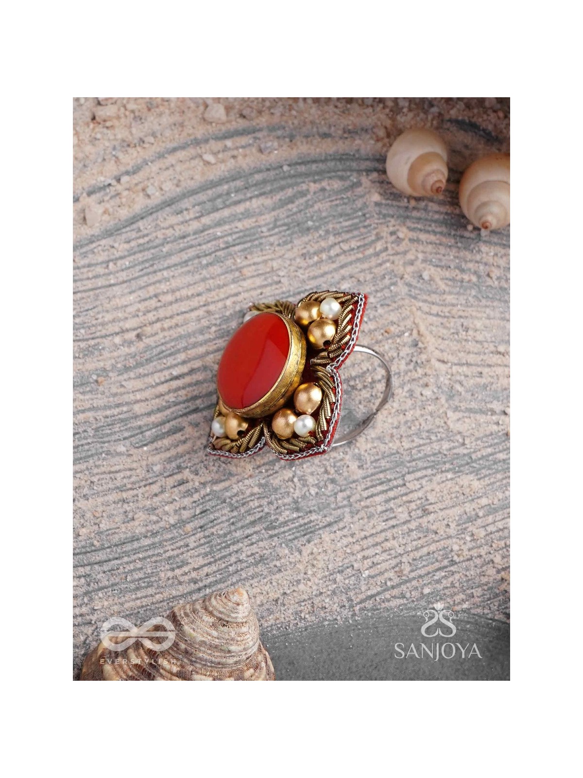 Shikhandik - The Ethereal Stone  - Stone, Beads And Dabka Hand Embroidered Ring (Adjustable)