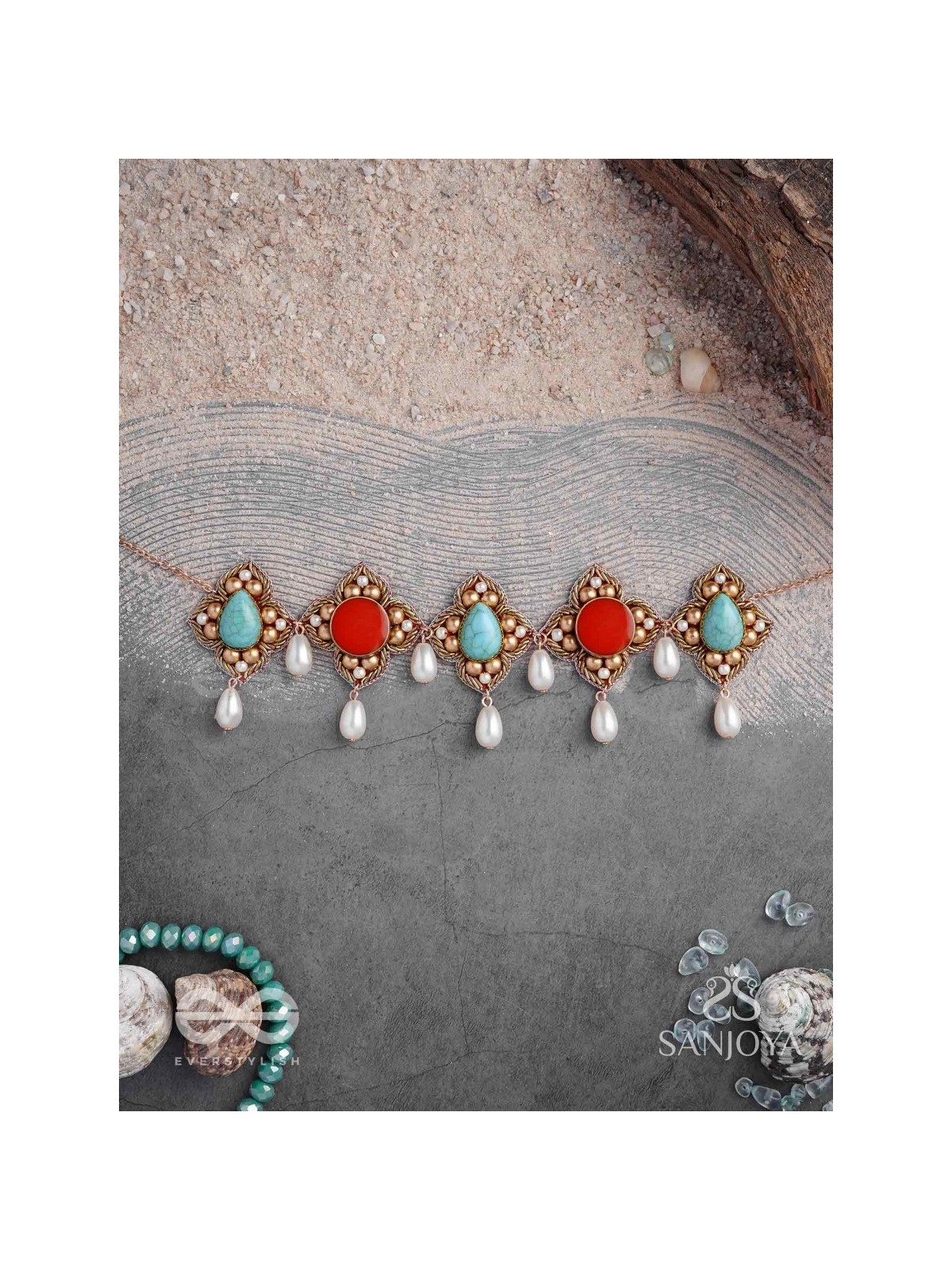 Palashabhyam - The Awakening Petals - Stones, Beads And Pearl Drops Hand Embroidered Choker Neckpiece