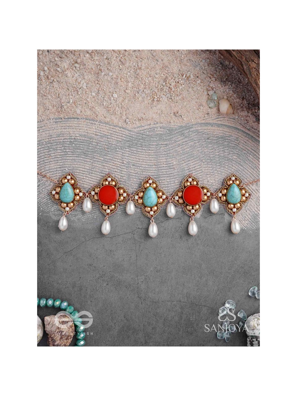 Palashabhyam - The Awakening Petals - Stones, Beads And Pearl Drops Hand Embroidered Choker Neckpiece