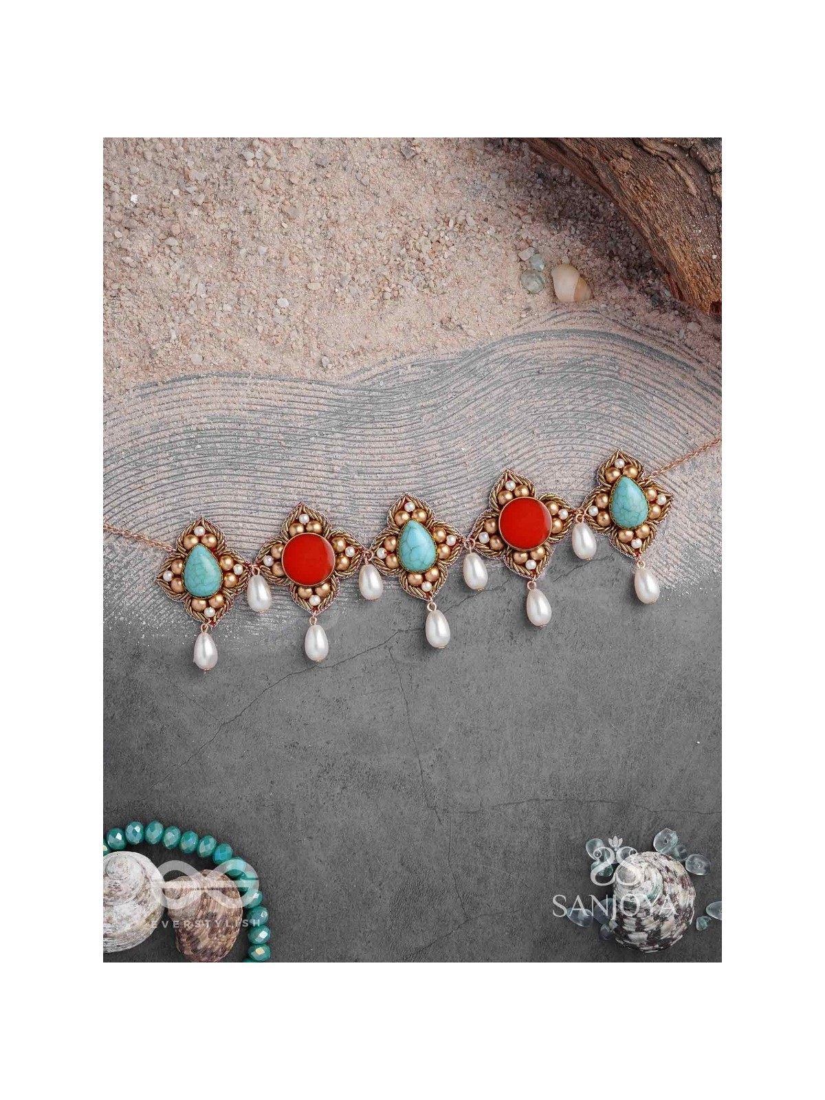 Palashabhyam - The Awakening Petals - Stones, Beads And Pearl Drops Hand Embroidered Choker Neckpiece