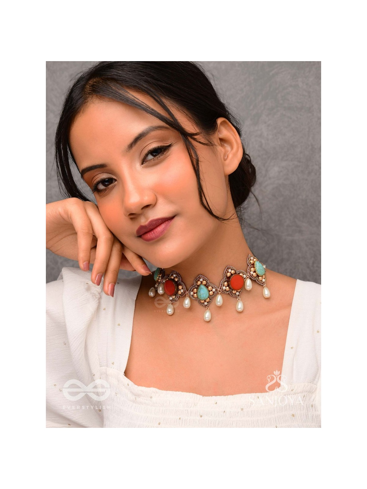 Palashabhyam - The Awakening Petals - Stones, Beads And Pearl Drops Hand Embroidered Choker Neckpiece