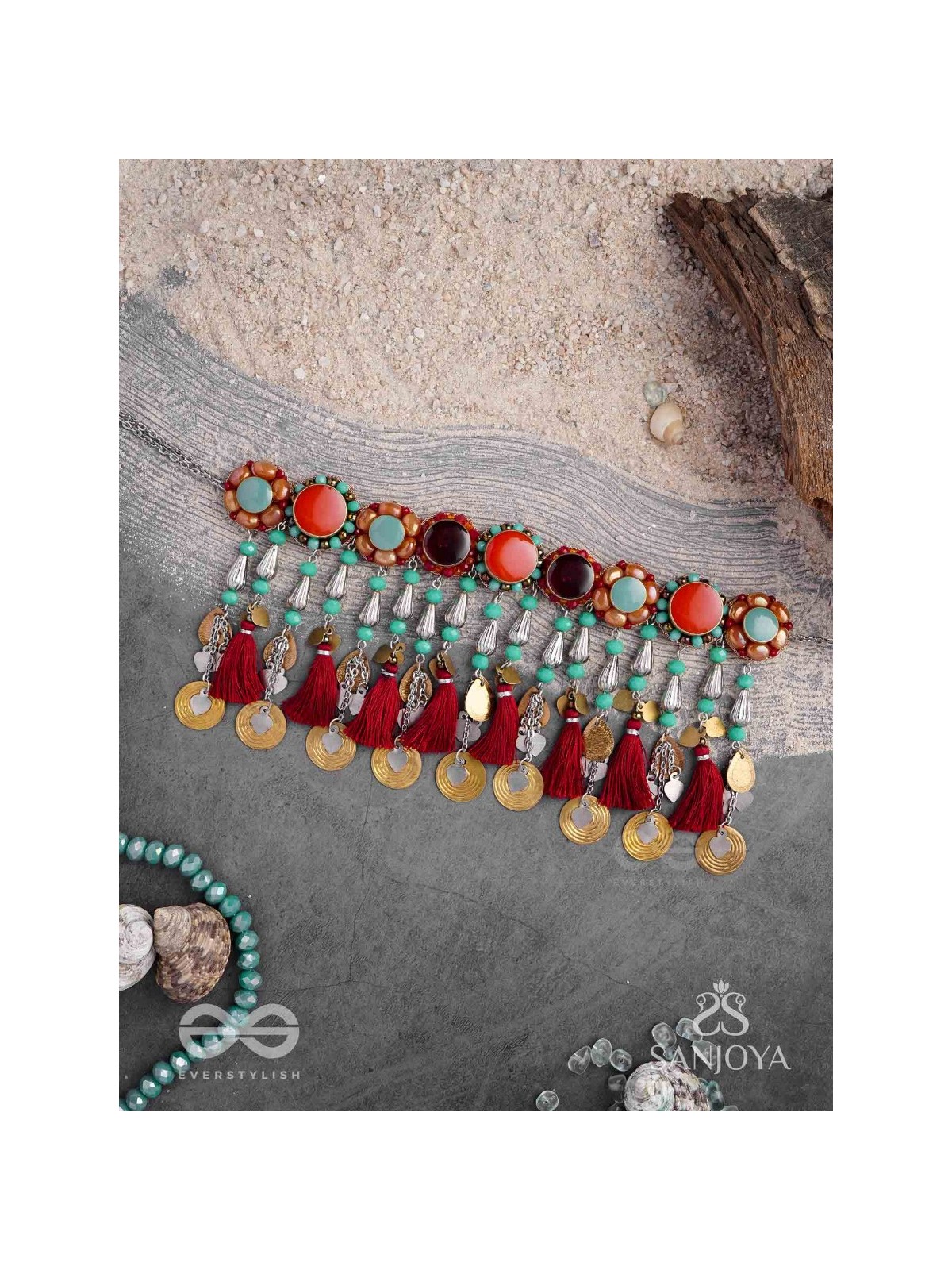 Anuragini - The Windy Music - Stones, Resham And Coins Hand Embroidered Oxidised Choker Neckpiece