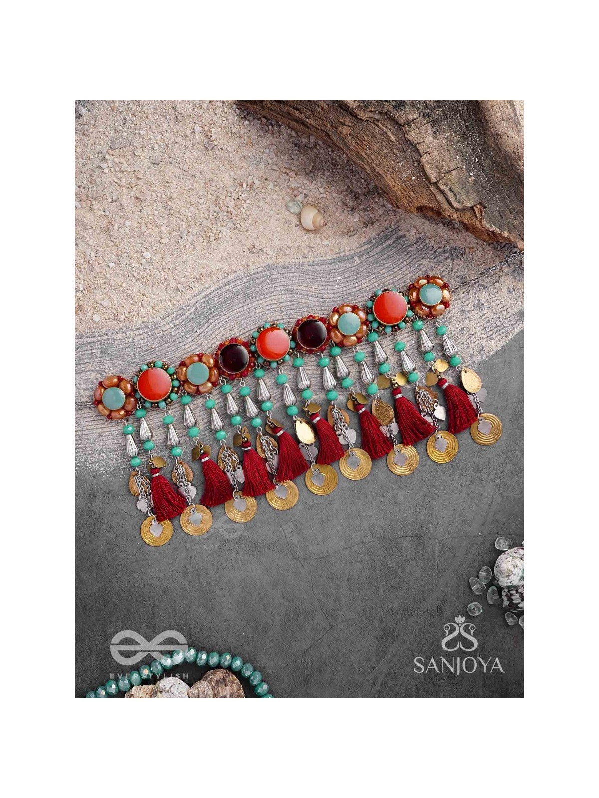 Anuragini - The Windy Music - Stones, Resham And Coins Hand Embroidered Oxidised Choker Neckpiece