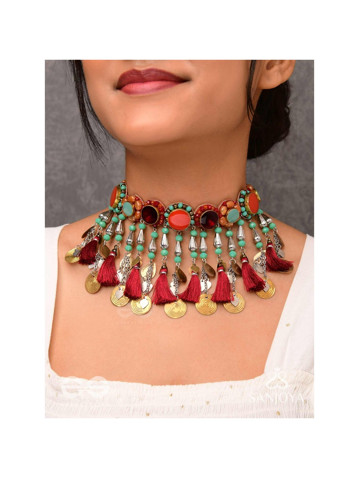 Anuragini - The Windy Music - Stones, Resham And Coins Hand Embroidered Oxidised Choker Neckpiece