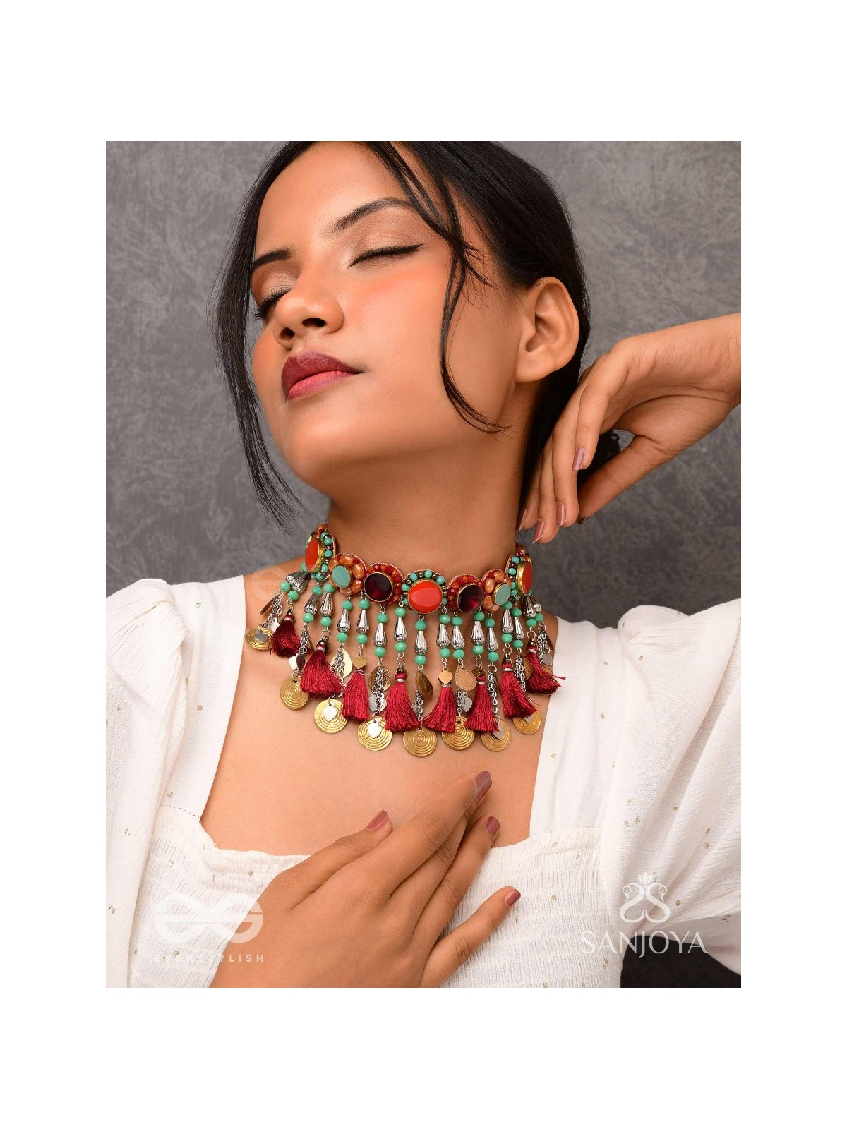 Anuragini - The Windy Music - Stones, Resham And Coins Hand Embroidered Oxidised Choker Neckpiece