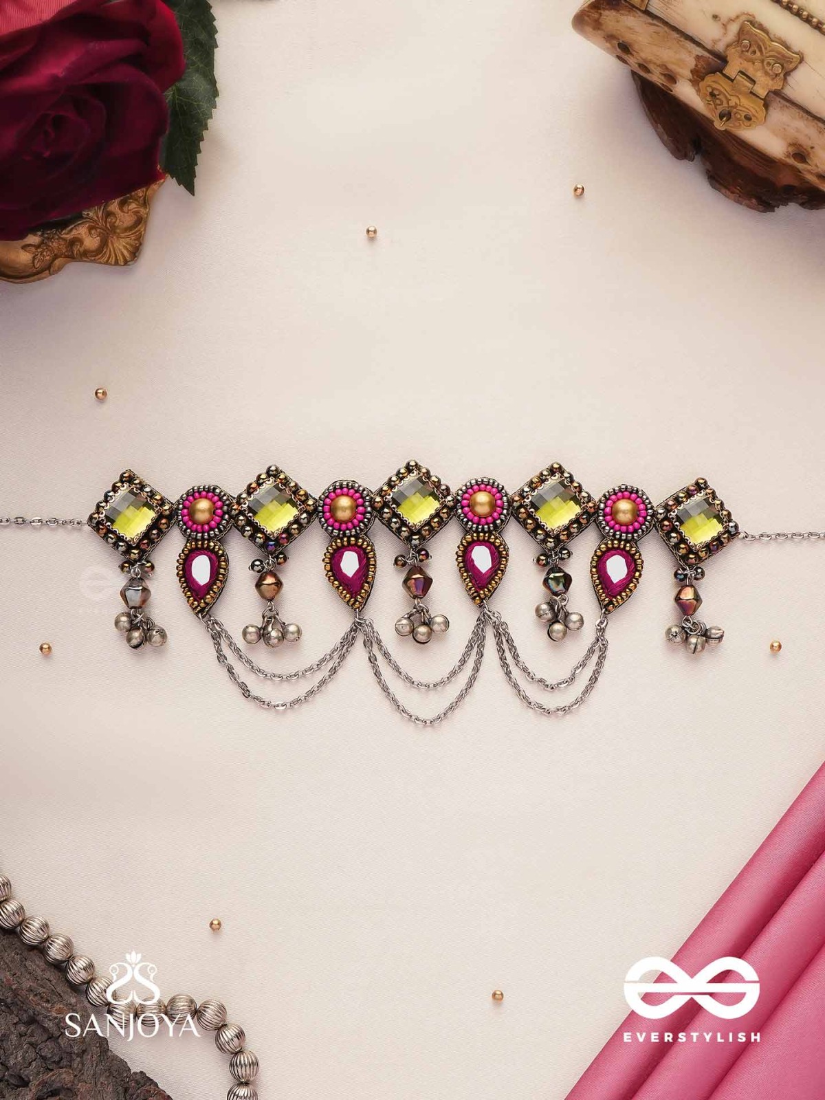 Alankarya - The Bejewelled Shalimar - Stones, Beads And Mirrors Hand Embroidered Oxidised Choker Neckpiece