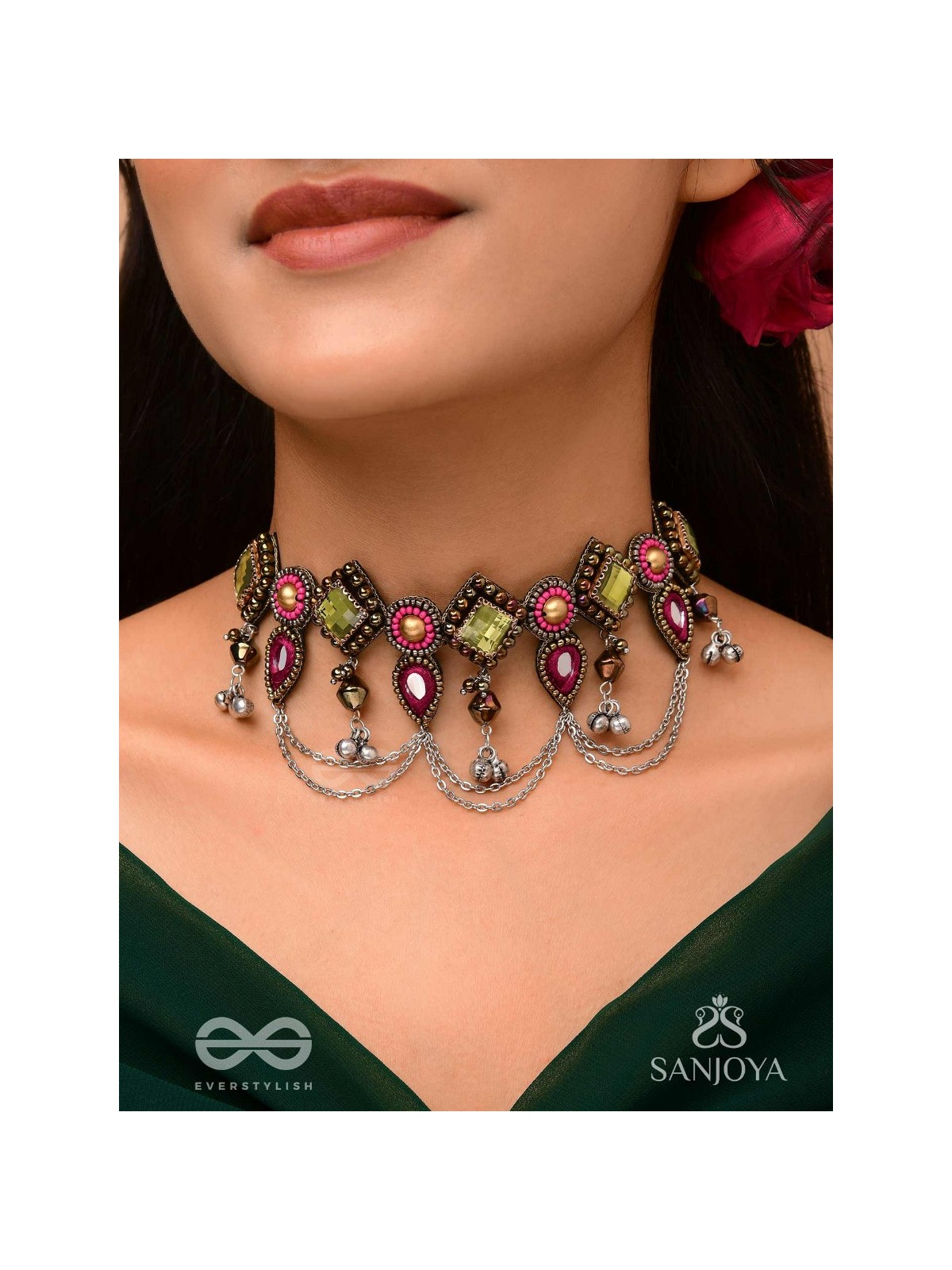 Alankarya - The Bejewelled Shalimar - Stones, Beads And Mirrors Hand Embroidered Oxidised Choker Neckpiece