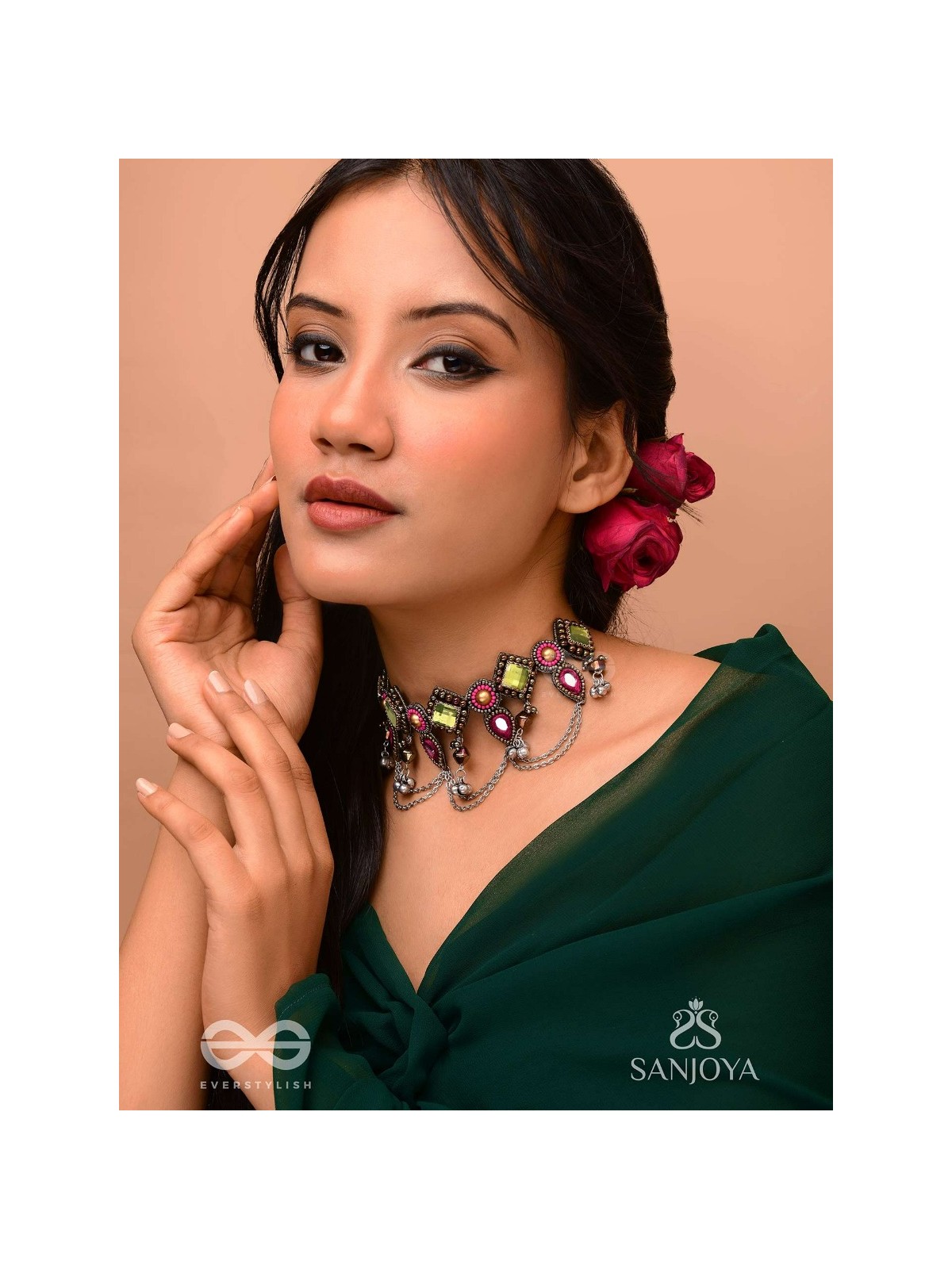 Alankarya - The Bejewelled Shalimar - Stones, Beads And Mirrors Hand Embroidered Oxidised Choker Neckpiece