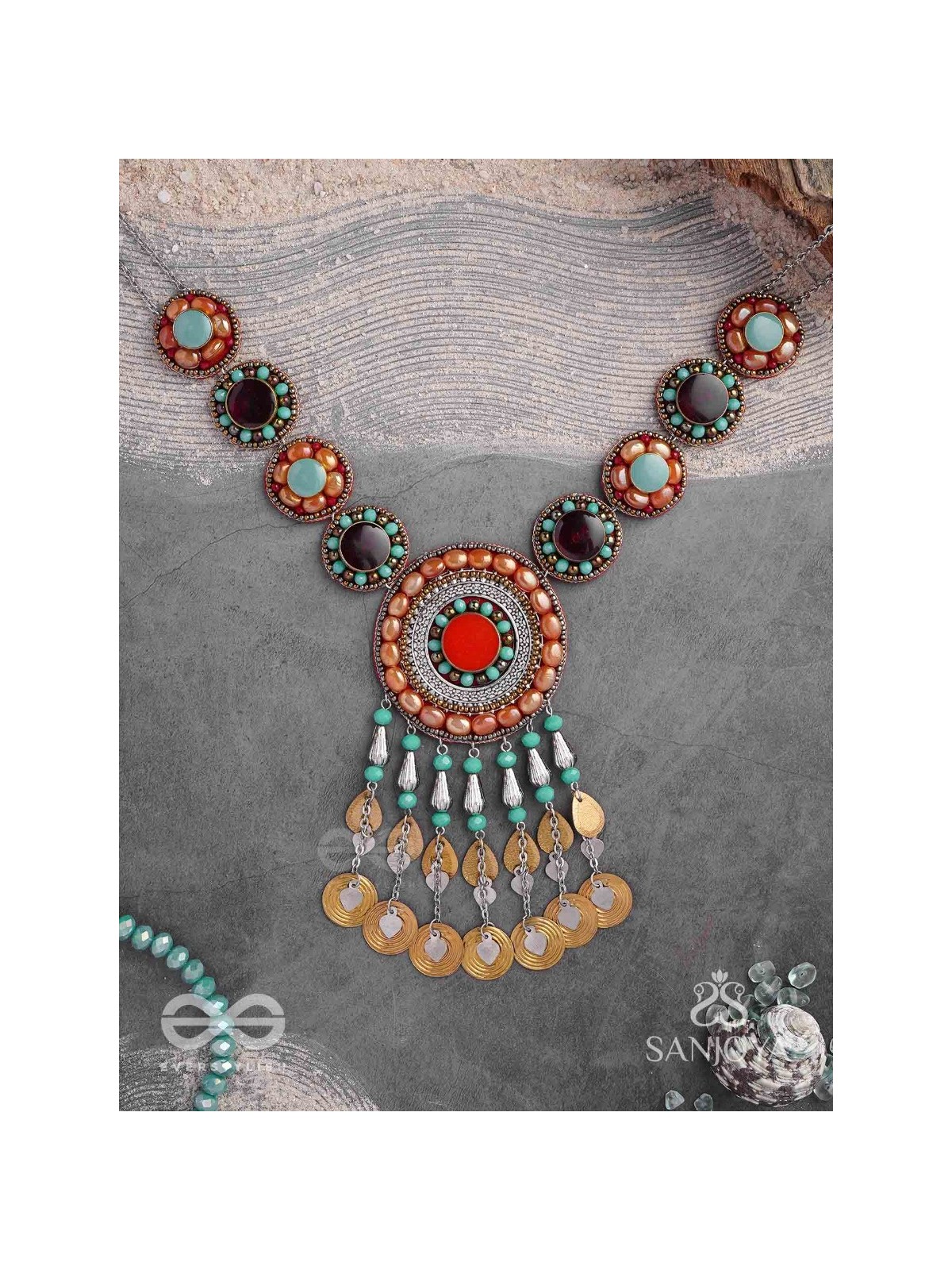 Arthanvit - The Spheres Of Wealth - Beads, Stones And Coins Hand Embroidered Oxidised Neckpiece
