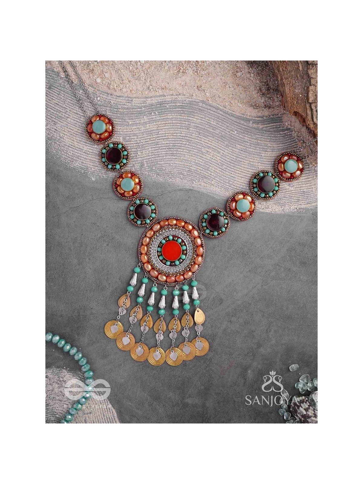 Arthanvit - The Spheres Of Wealth - Beads, Stones And Coins Hand Embroidered Oxidised Neckpiece