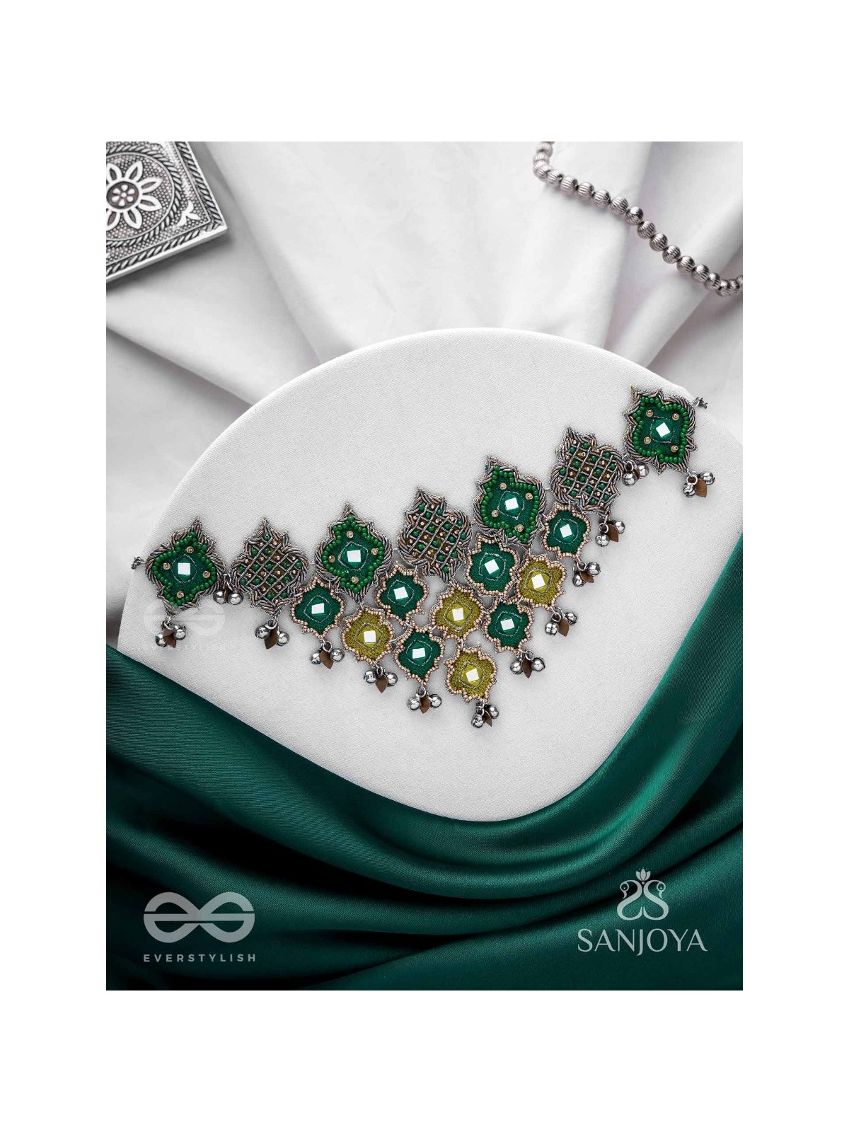 Aardratva - The Lush Cascade - Resham, Mirror And Dabka Hand Embroidered Oxidised Neckpiece