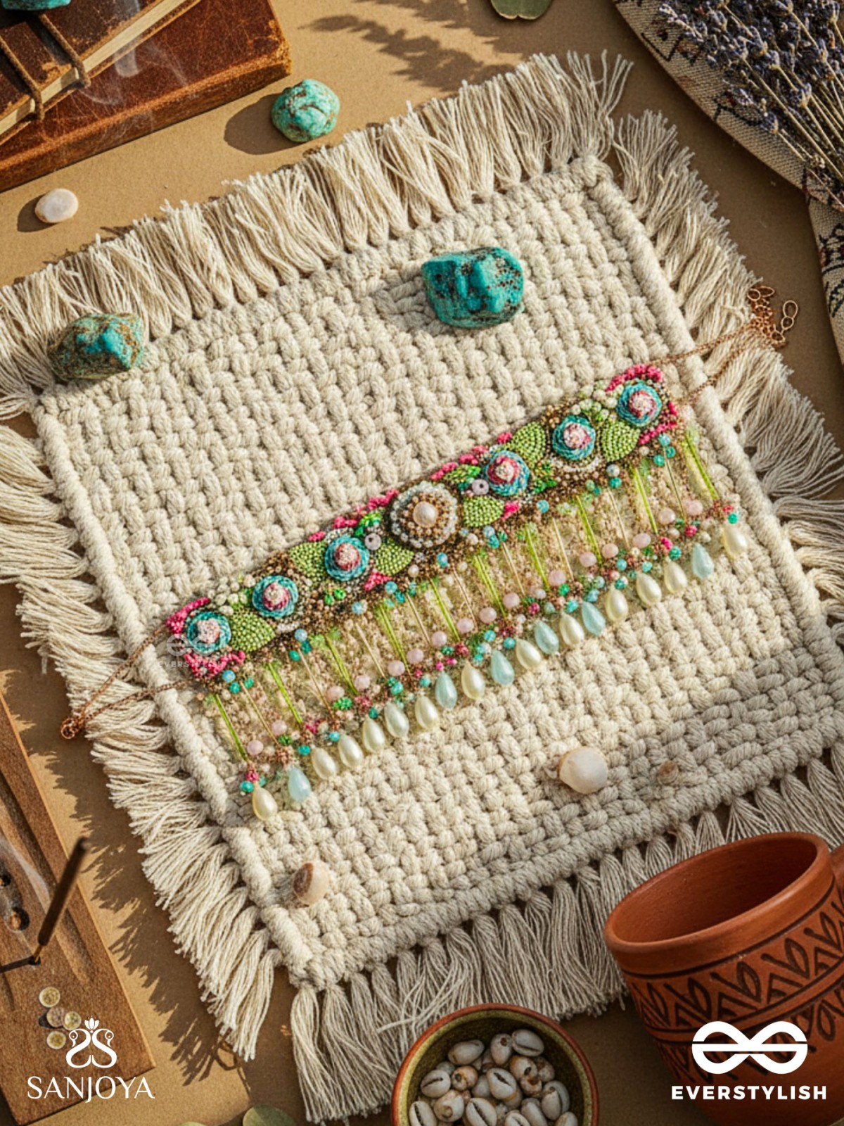 MANJUSUMANA - BEAUTIFUL BLOSSOM - BEADS, SEQUINS AND PEARL DROPS HAND EMBROIDERED CHOKER NECKPIECE