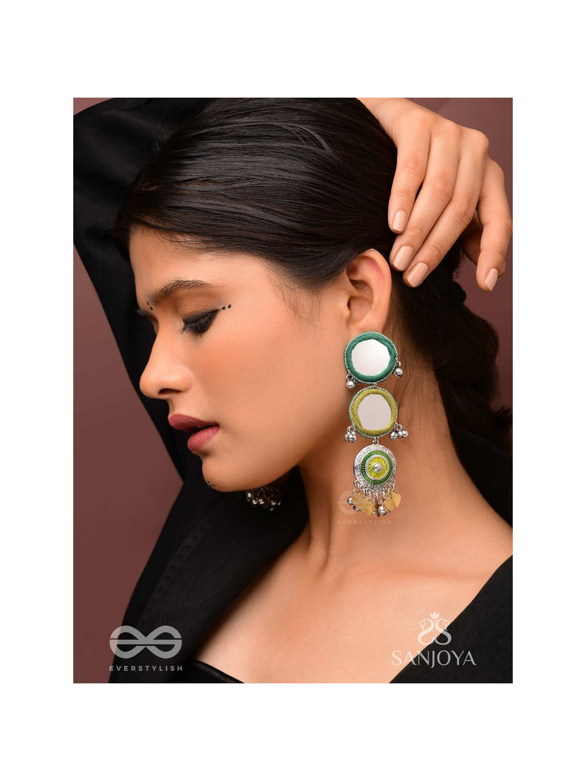 Abhatih - The Dancing Reflections - Mirrors, Resham And Beads Hand Embroidered Enamelled Oxidised Earrings 