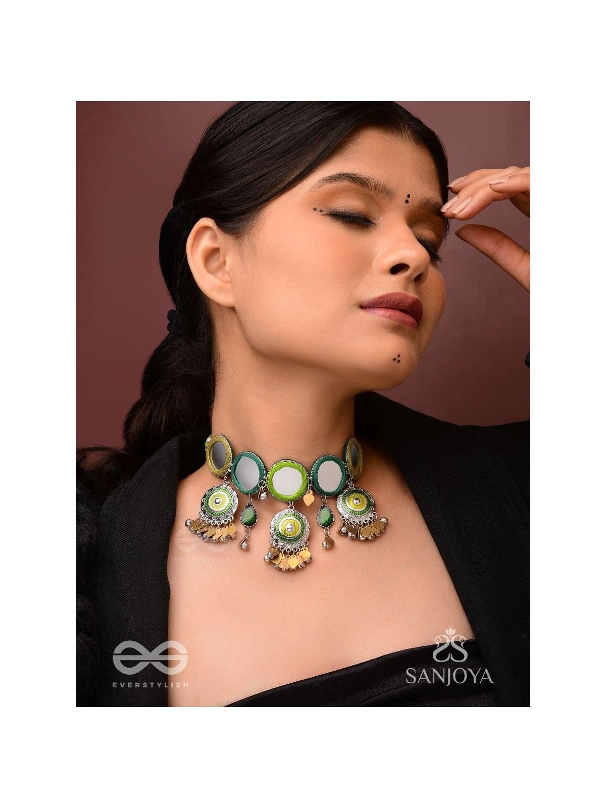 Manidarpan - The Musical Mirrors - Mirrors, Resham And Beads Hand Embroidered Enamelled Oxidised Choker Neckpiece