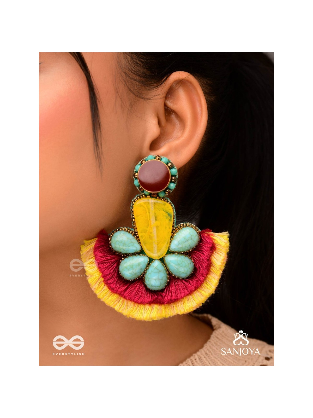 Suryatejas - The Sun-Kissed - Stones, Beads And Resham Hand Embroidered Earrings