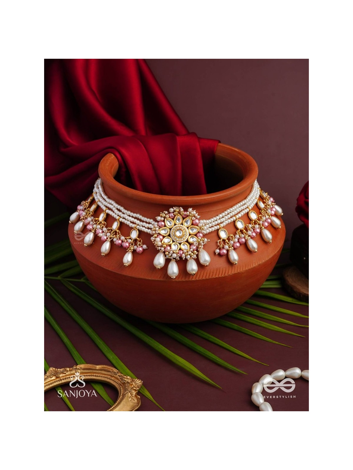 Dyulok - The Heavenly Charm - Beads, Pearl Drops, Polki And Kundan Finished Hand Embroidered Neckpiece