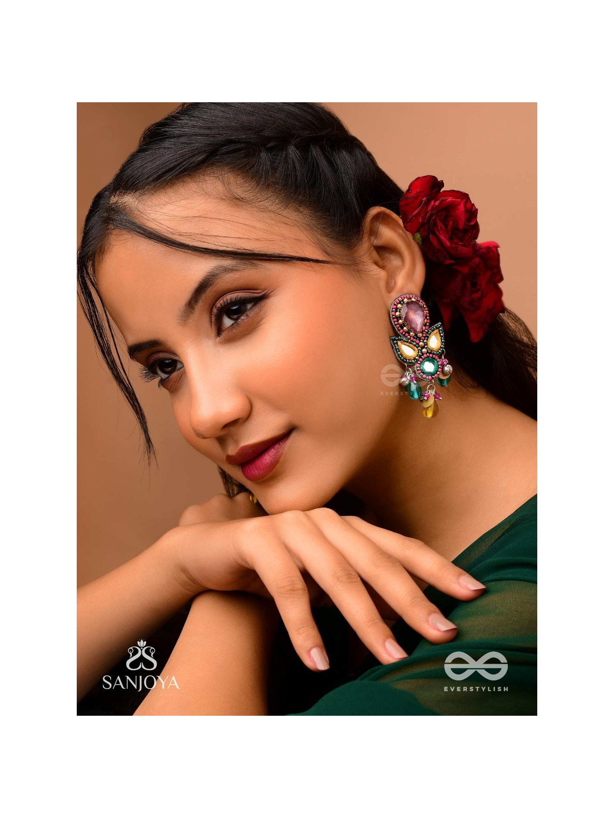 Guhyani - The Mysterious Hues - Stone, Mirrors And Glass Drops Hand Embroidered Earrings