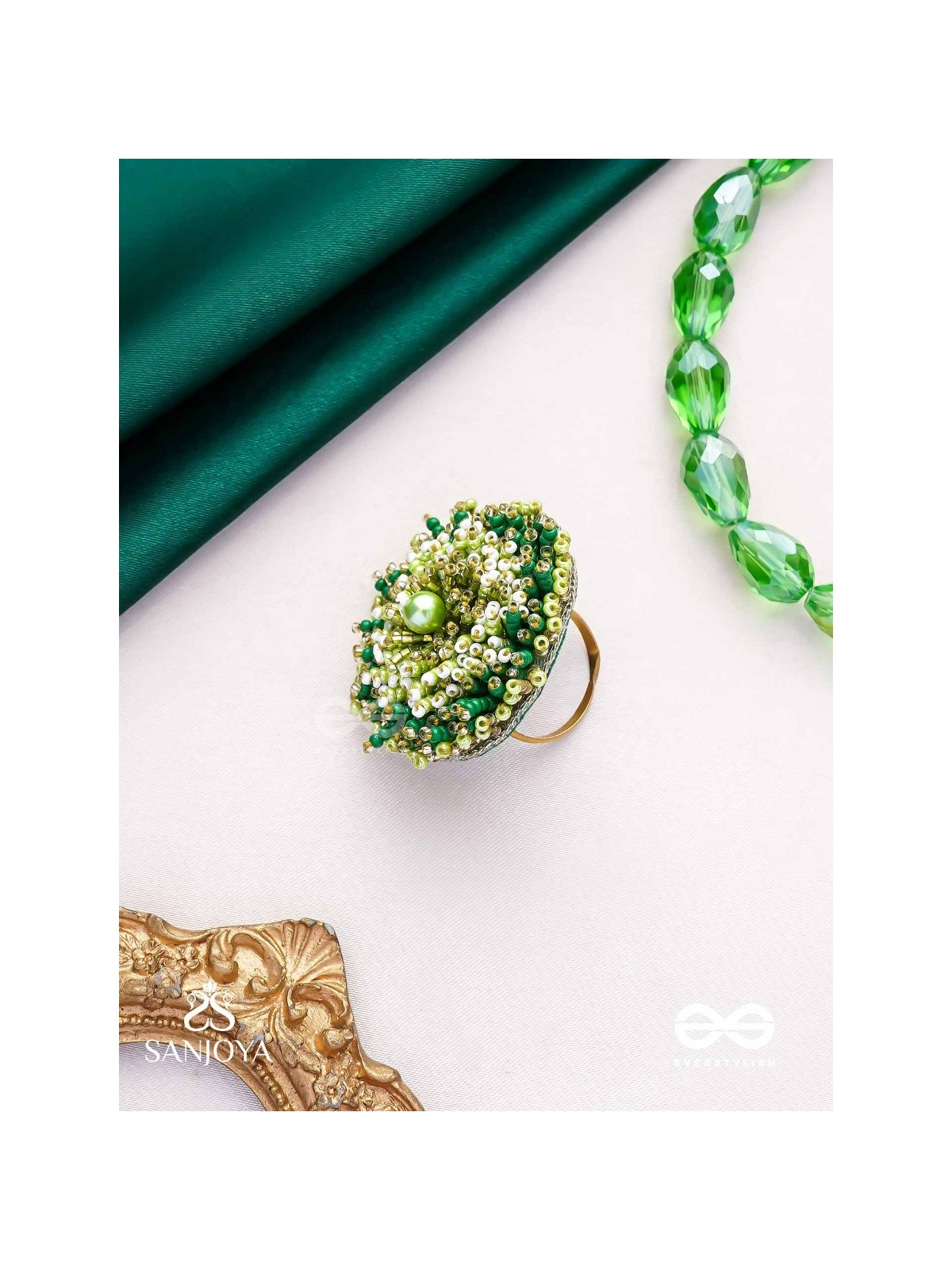 Divyakanan - The Enchanted Grove - Pearl And Beads Hand Embroidered Ring (Adjustable)