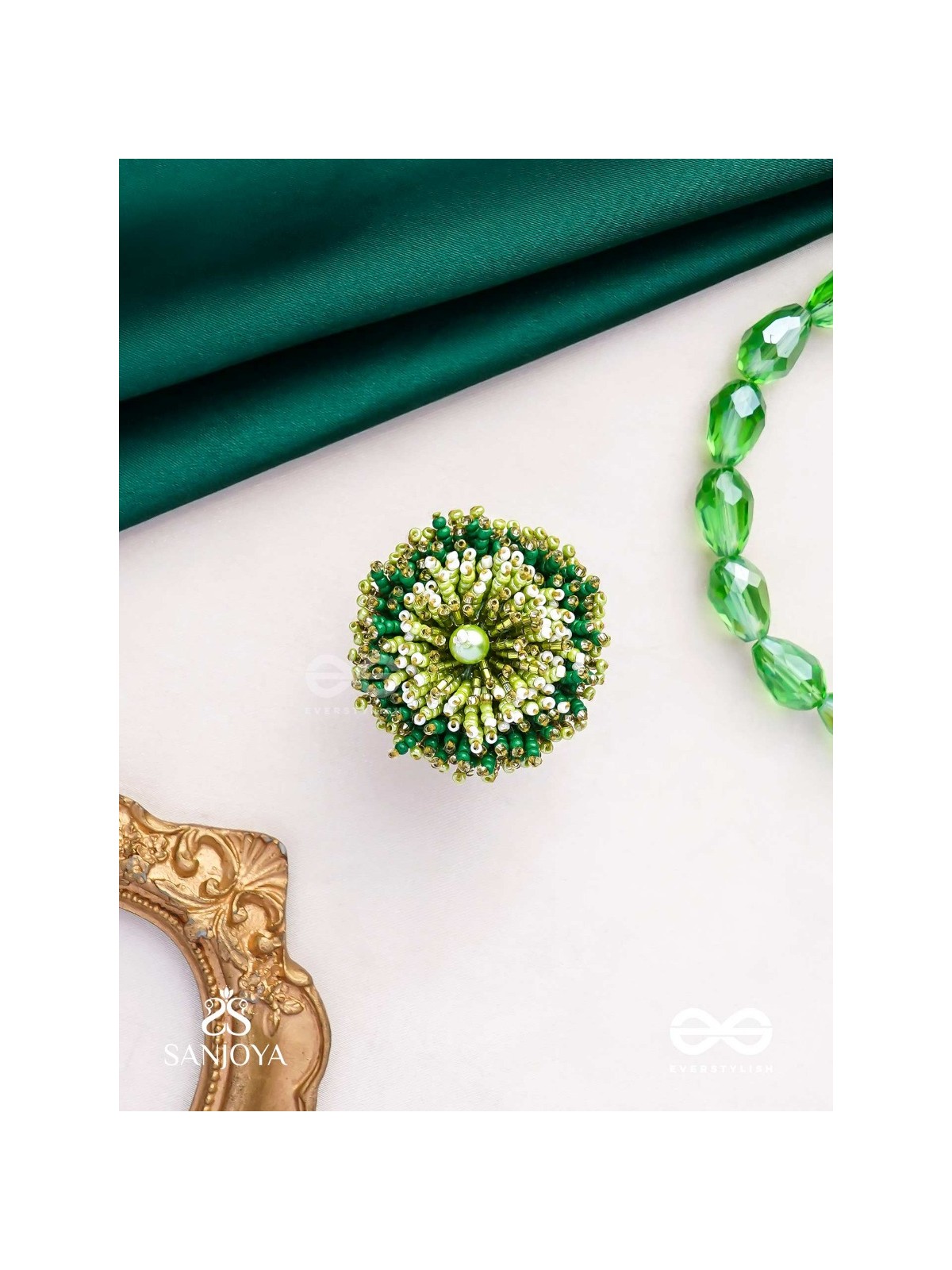 Divyakanan - The Enchanted Grove - Pearl And Beads Hand Embroidered Ring (Adjustable)