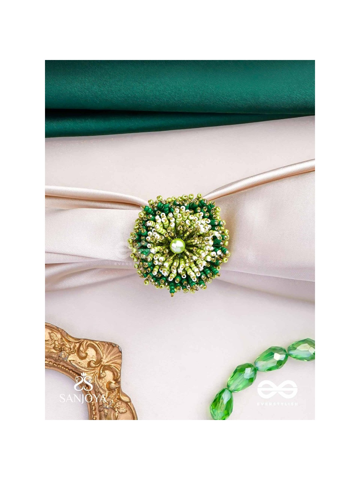 Divyakanan - The Enchanted Grove - Pearl And Beads Hand Embroidered Ring (Adjustable)