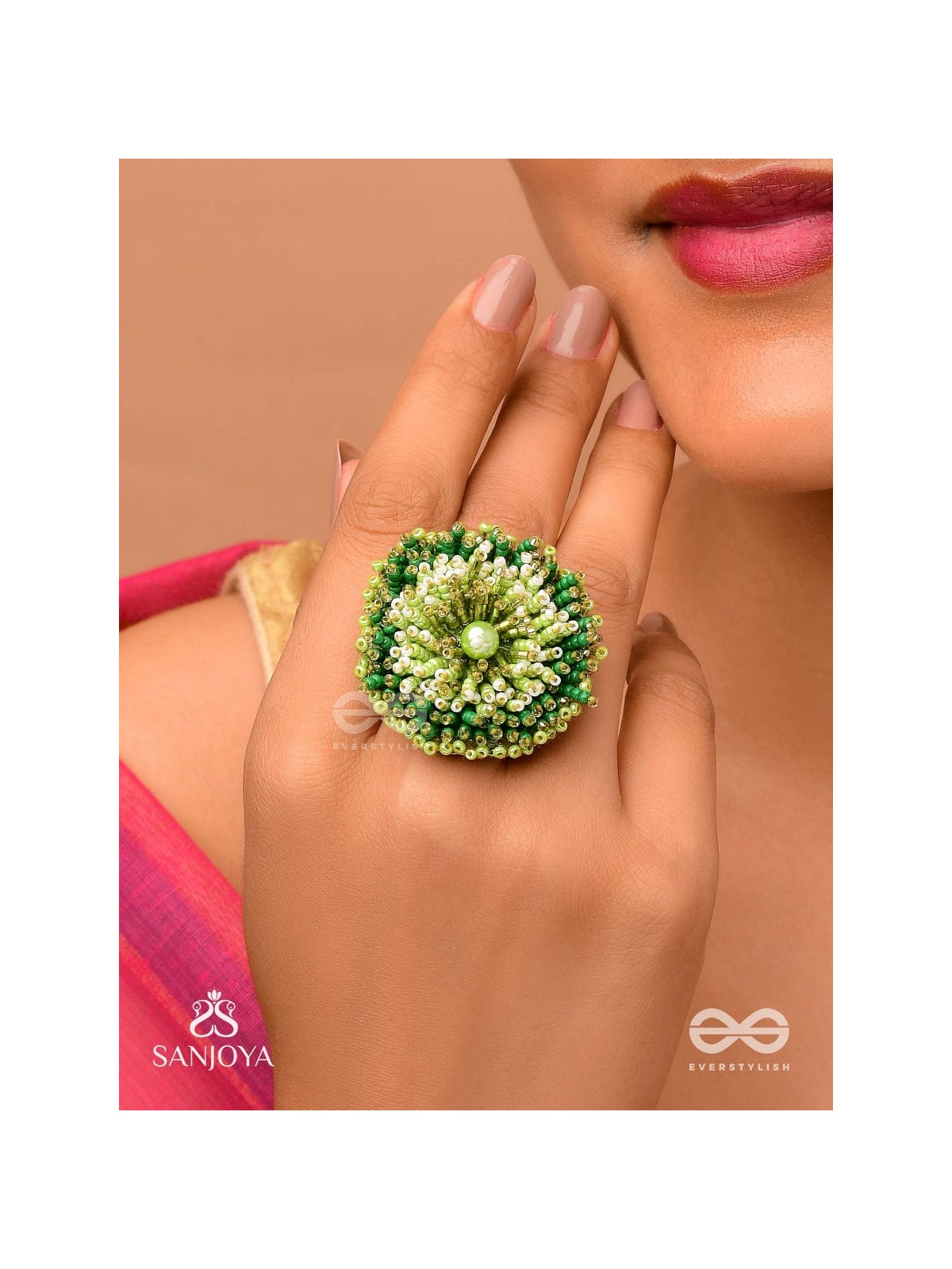 Divyakanan - The Enchanted Grove - Pearl And Beads Hand Embroidered Ring (Adjustable)