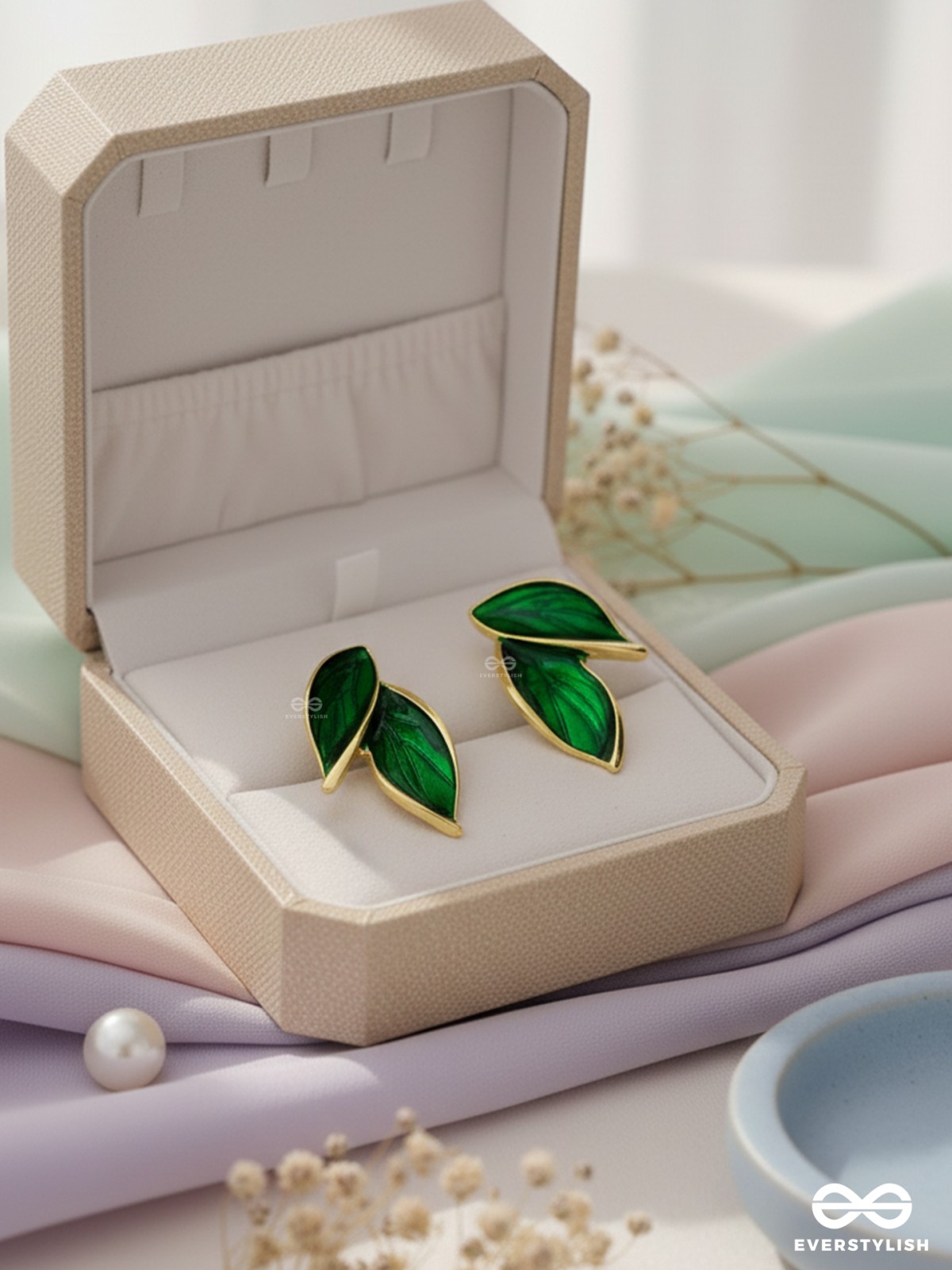 Petals Panache - Golden Enamelled Earrings (Green)